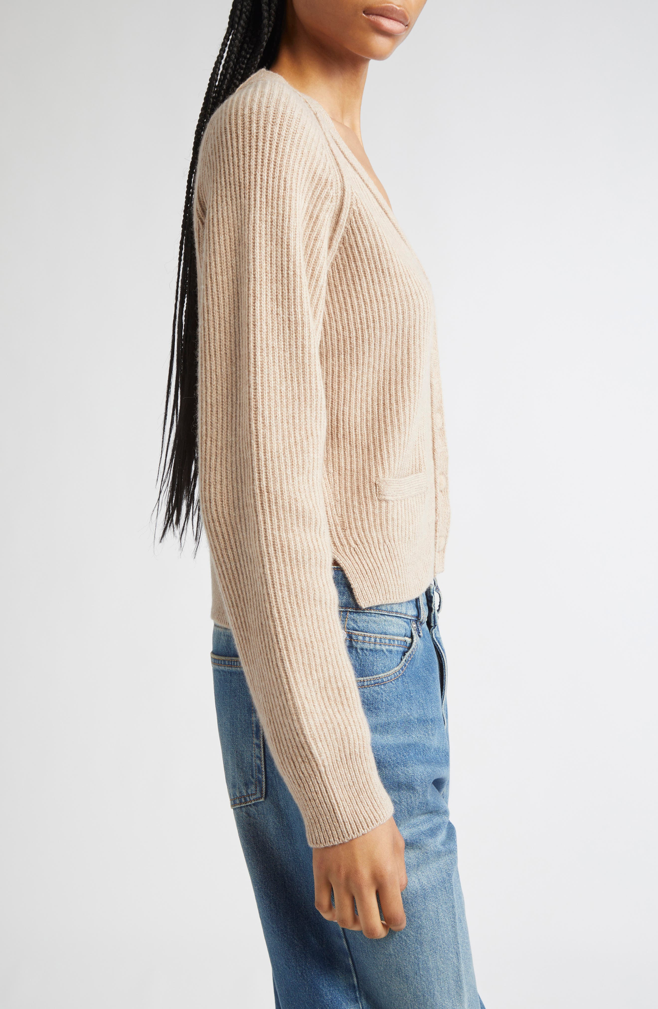 Victoria Beckham Wool & Cashmere Rib Cardigan in Sand at Nordstrom - 3