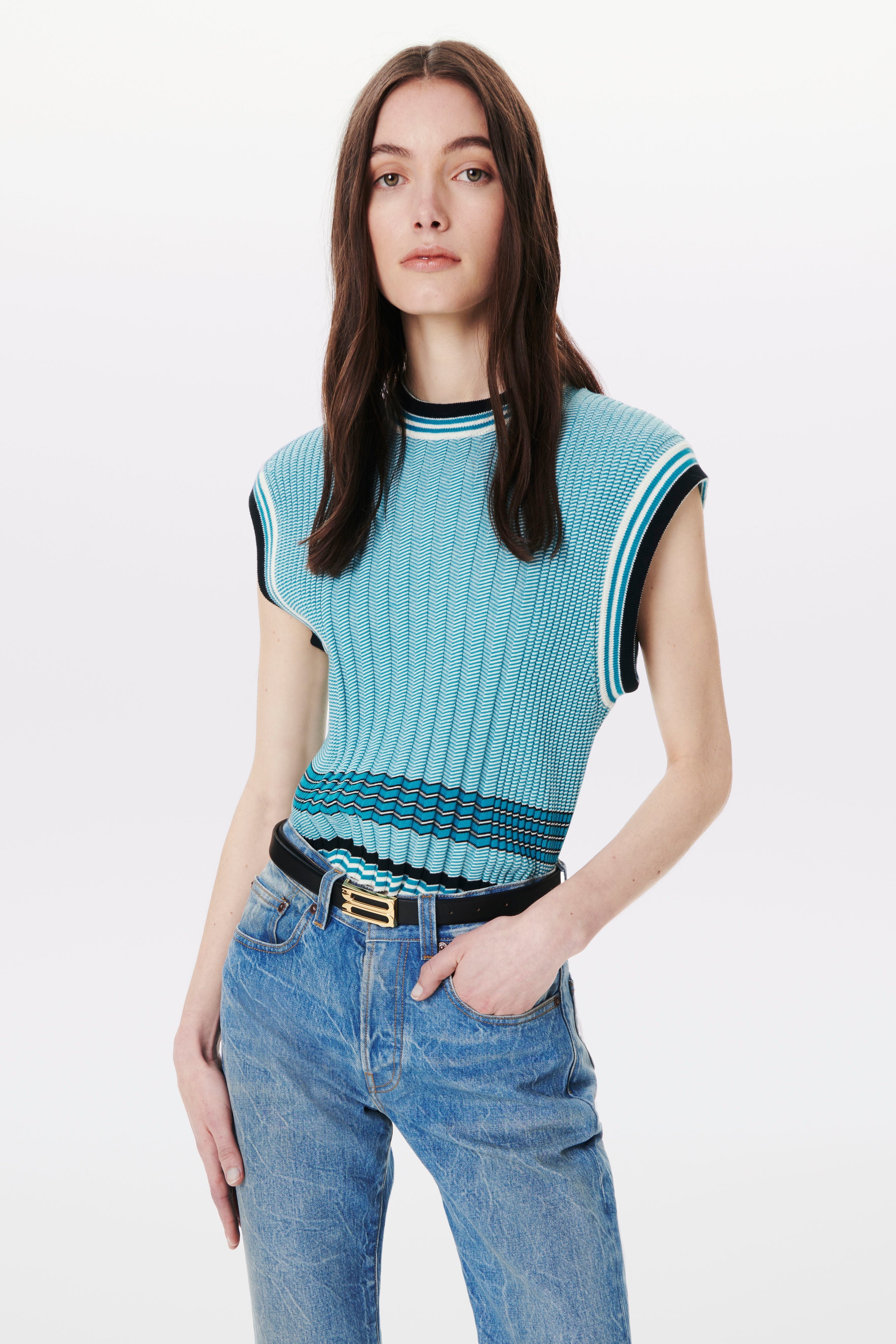 Knitted Crew-Neck Tank Top in Teal Stripe - 3