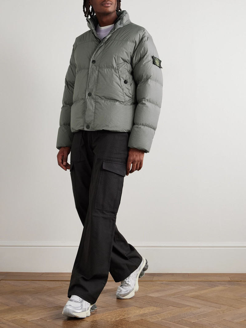 Stone Island Logo-Appliquéd Garment-Dyed Quilted Crinkle Reps Down Jacket Gray outlook