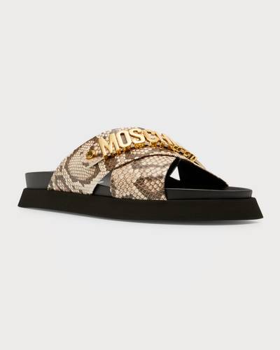 Moschino Men's Crisscross Snake-Print Leather Slides outlook