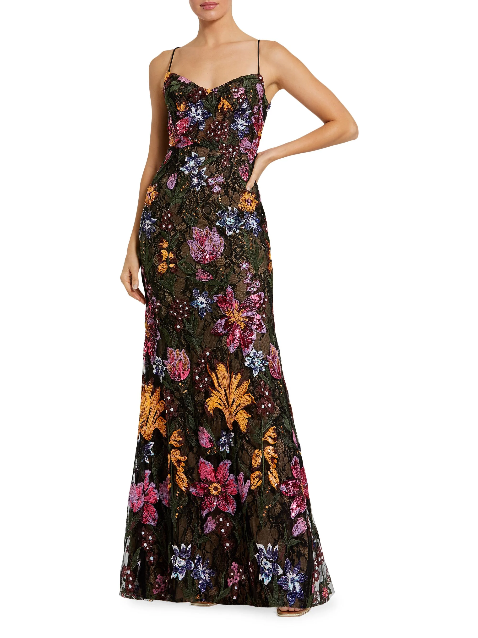 Women's Embellished Floral Lace Sweetheart Gown - Black Multi - 1