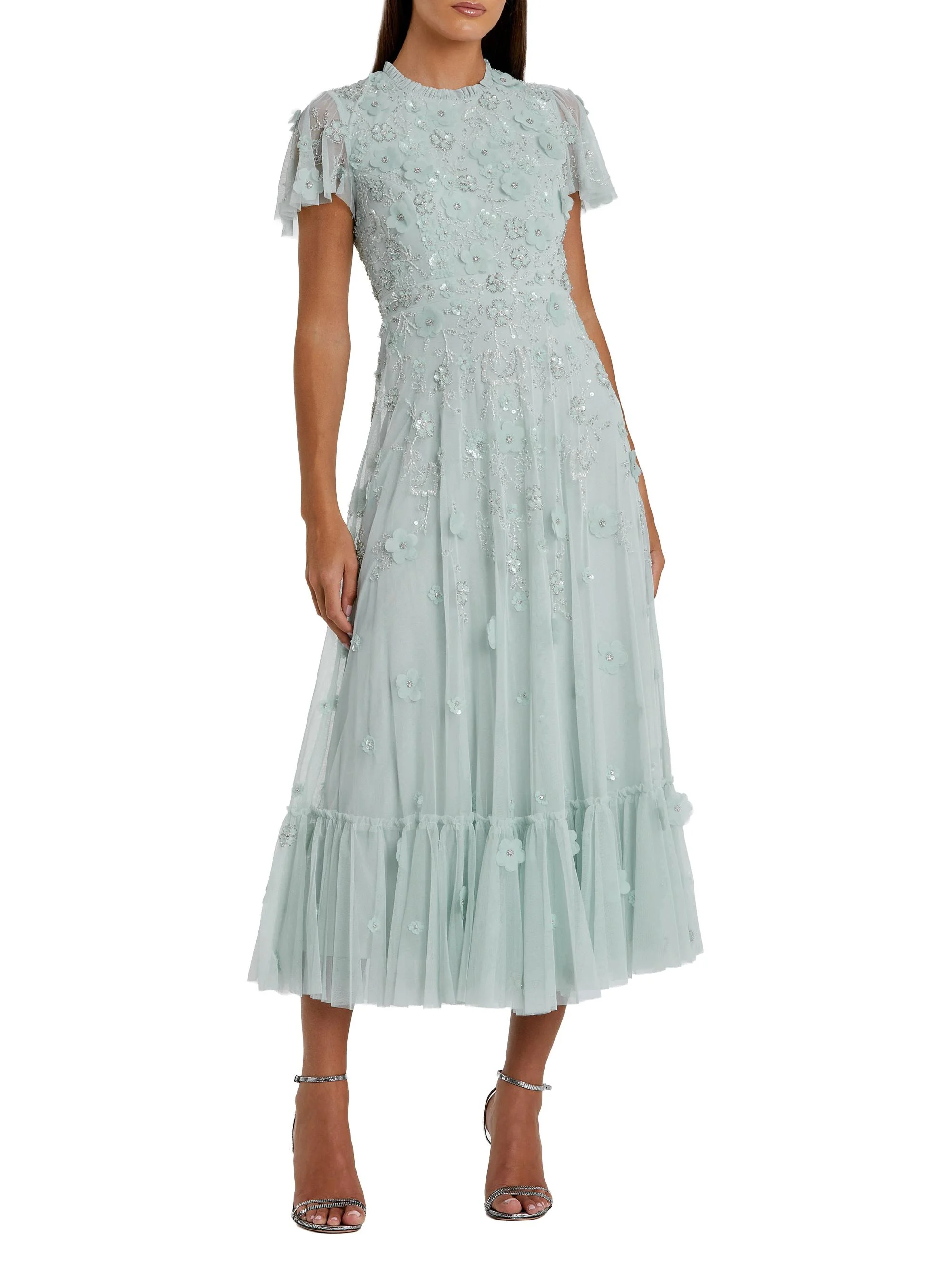 Women's Sequined Floral Tulle Midi-Dress - Powder Blue - 1