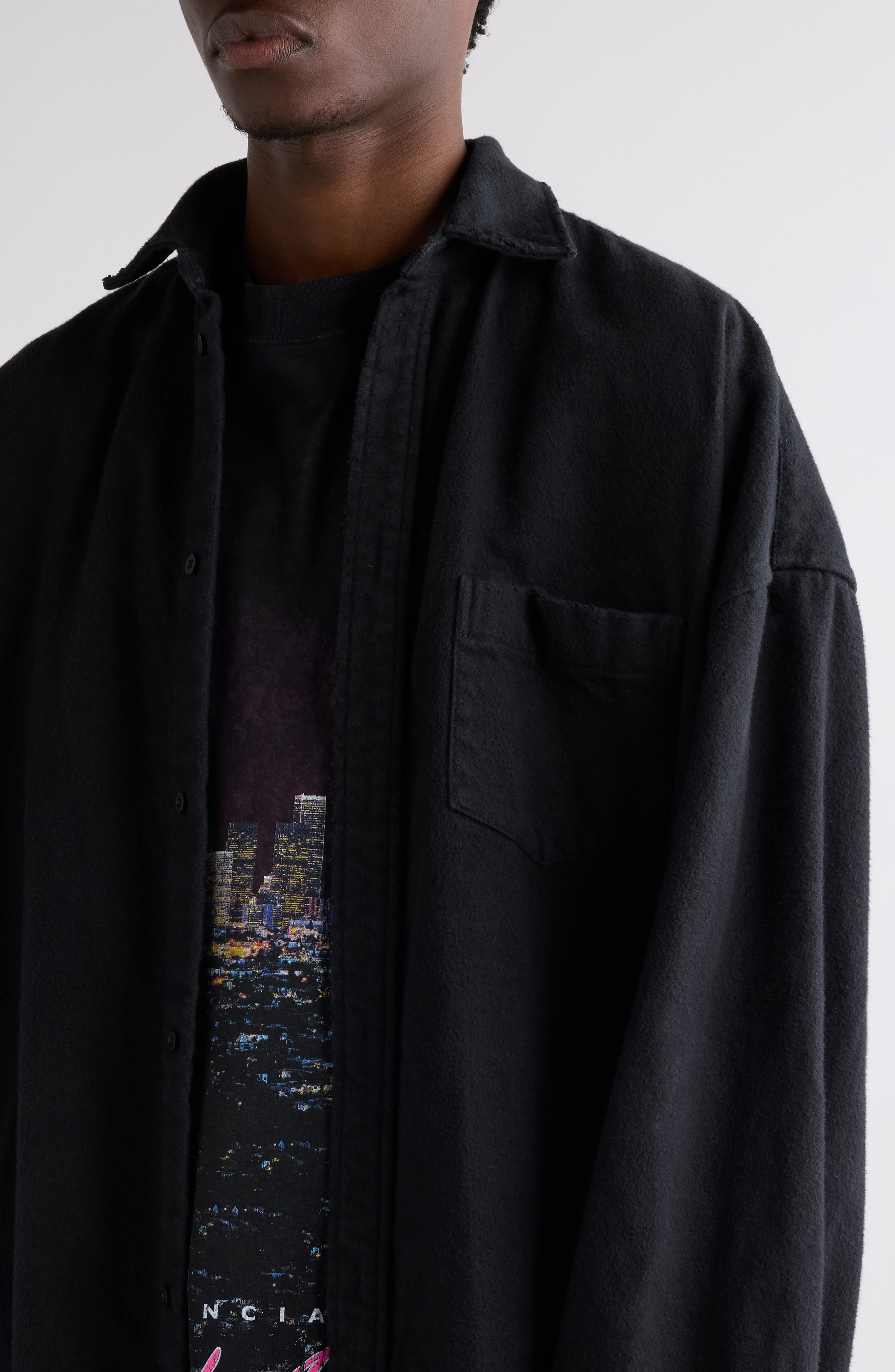 Balenciaga Layered Distressed Long Sleeve Graphic Shirt in 1000 Black at Nordstrom - 5