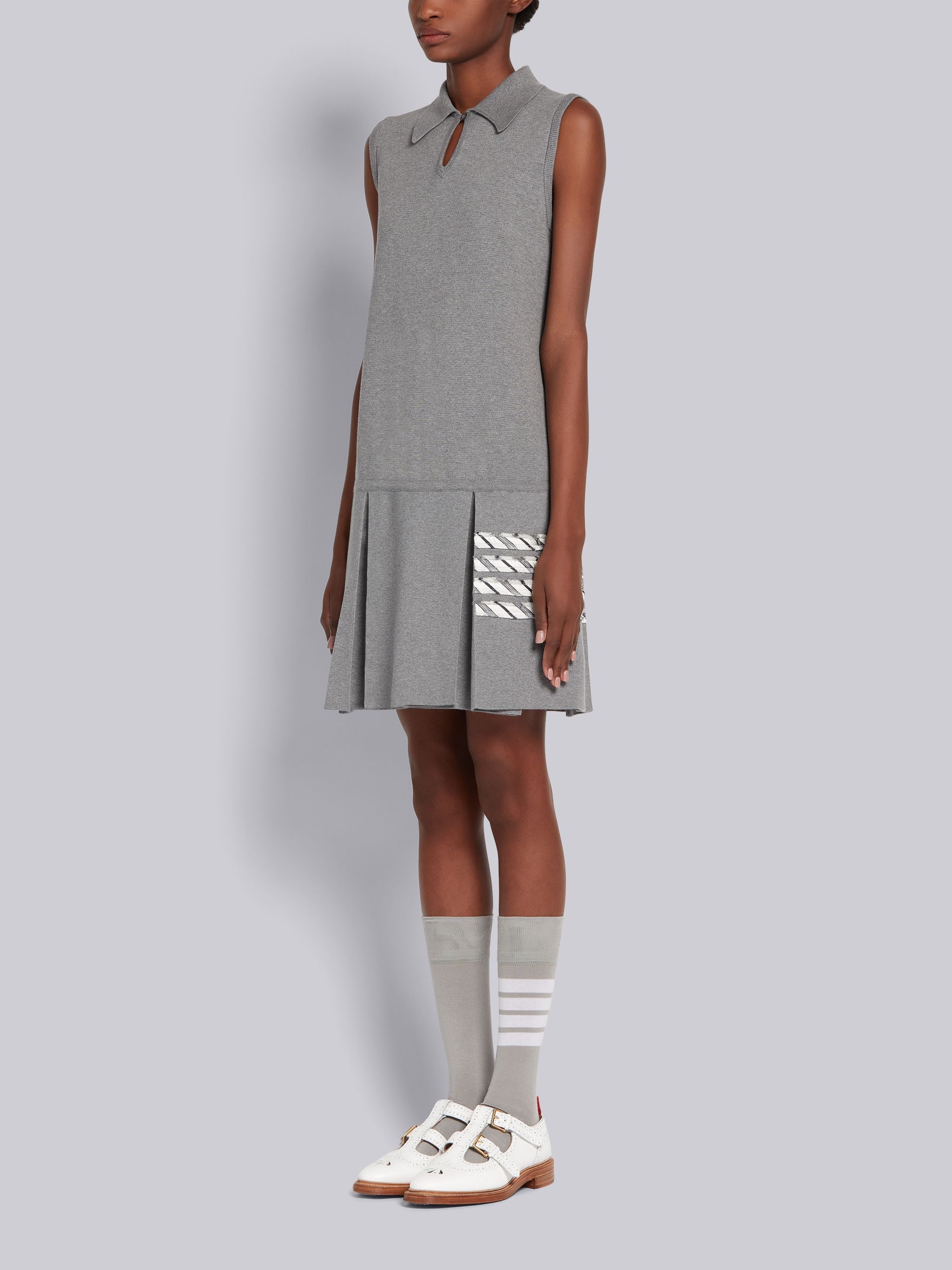 Light Grey Cotton Milano Stitch Silk Rep 4-Bar Stripe Sleeveless Pleated Polo Dress - 2