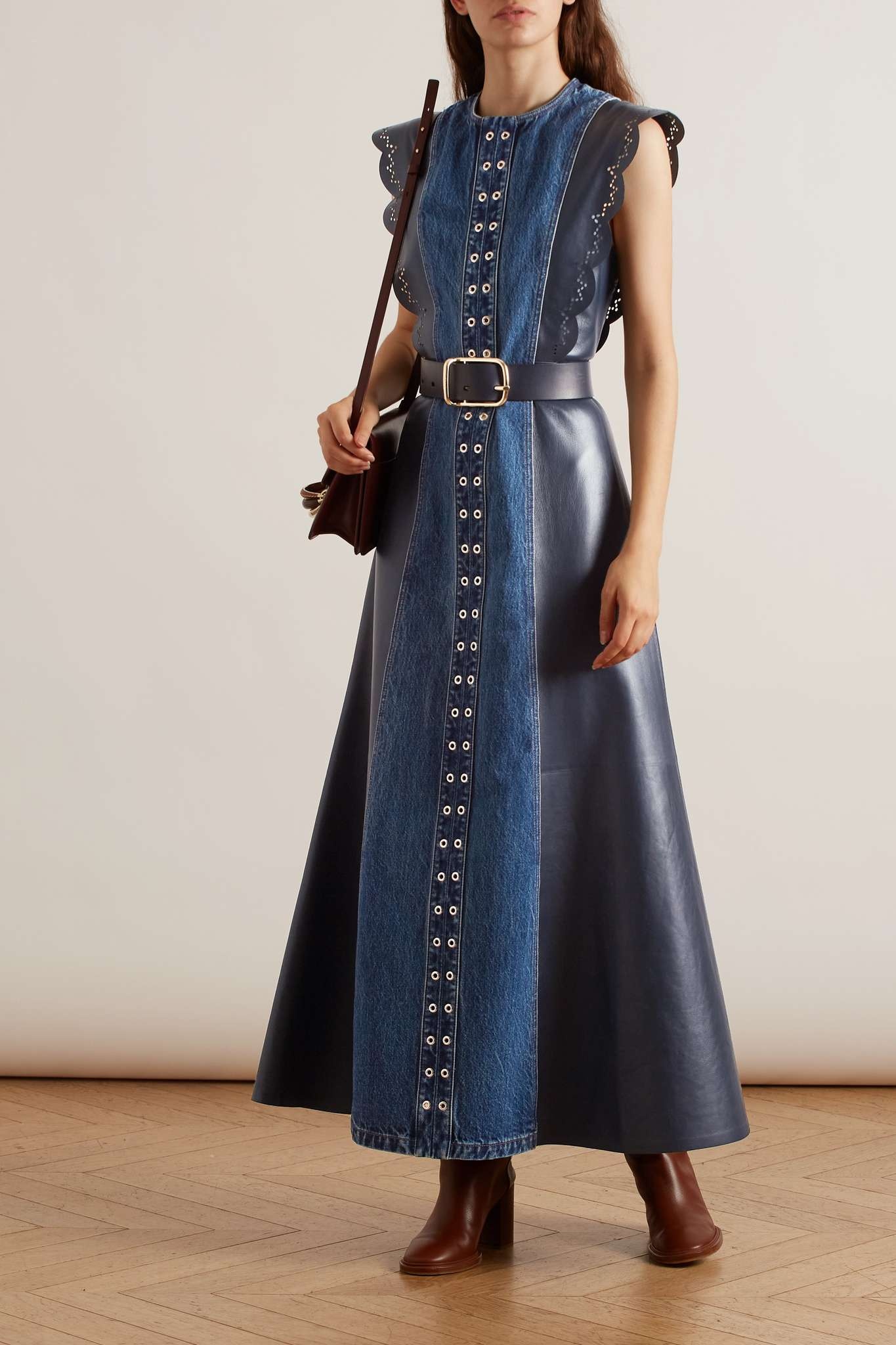 Embellished organic denim and scalloped leather maxi dress - 2