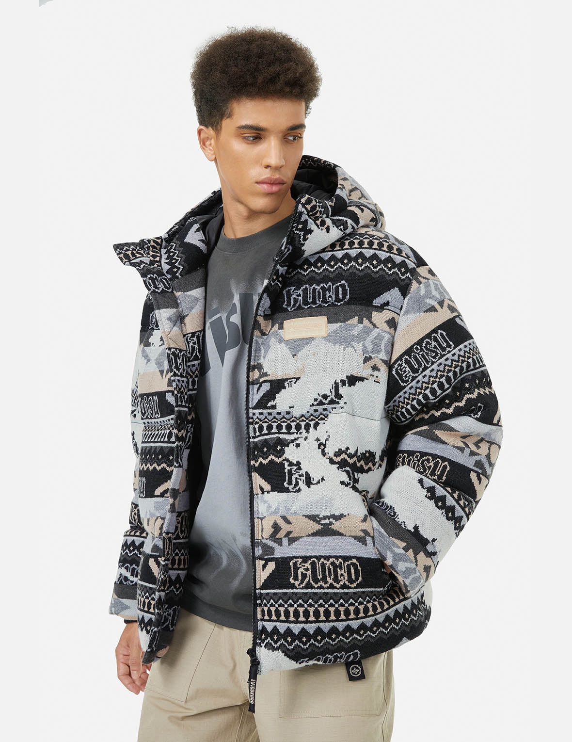 Allover Kamon Intarsia Oversized Down Jacket - 5