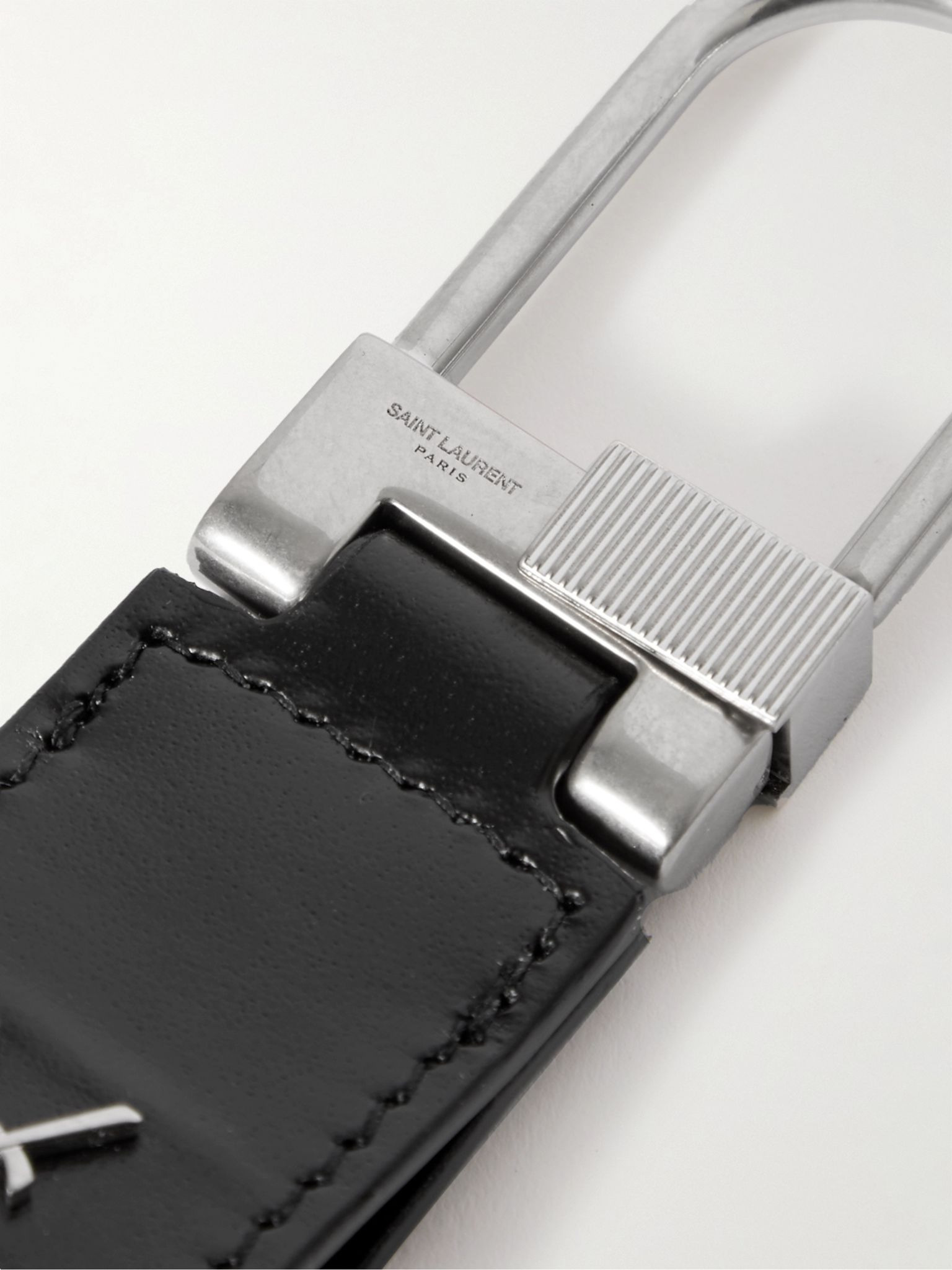 Logo-Detailed Silver-Tone and Leather Key Fob Black - 3