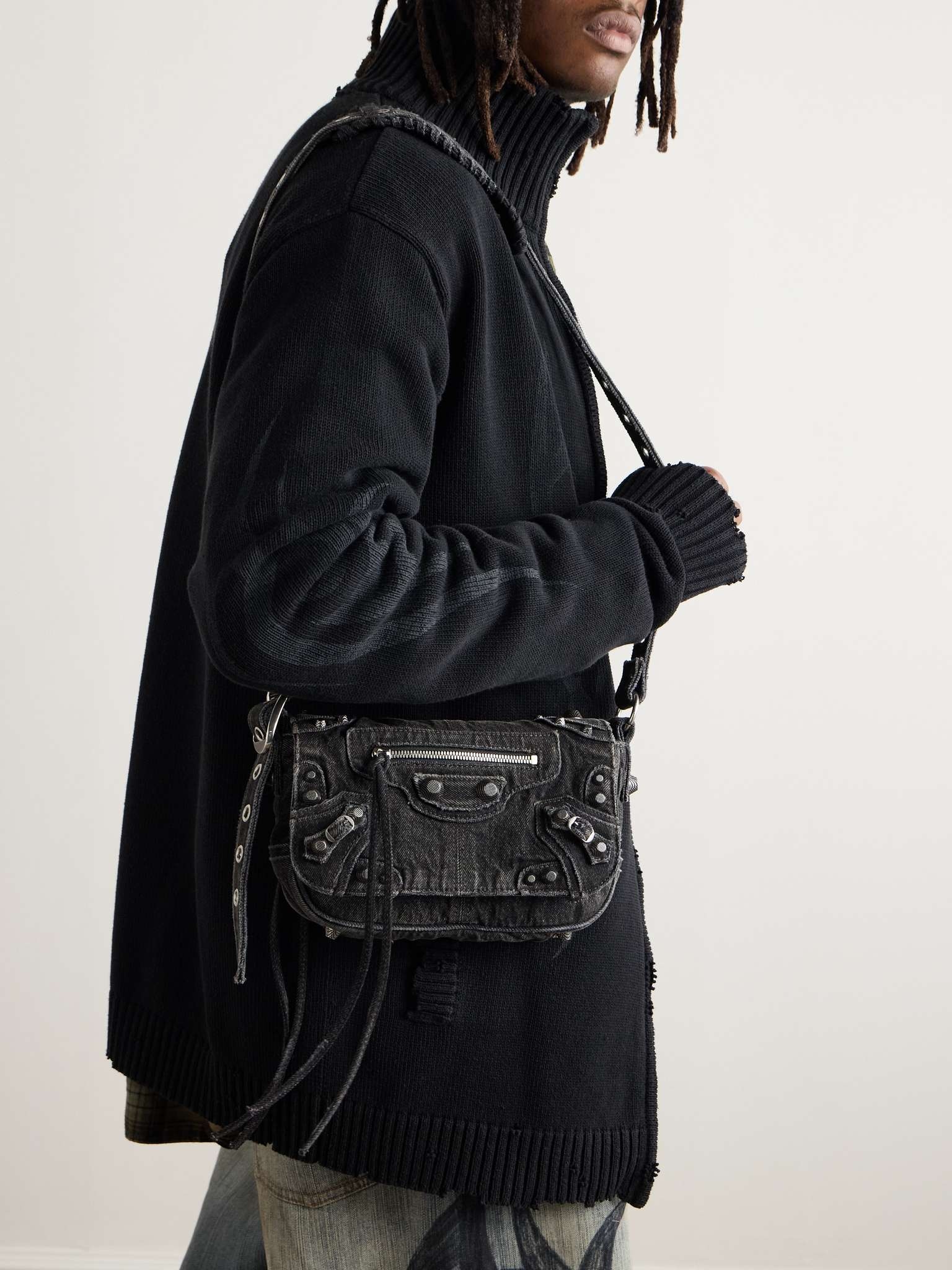 Le Cagole XS Studded Washed-Denim Messenger Bag - 2