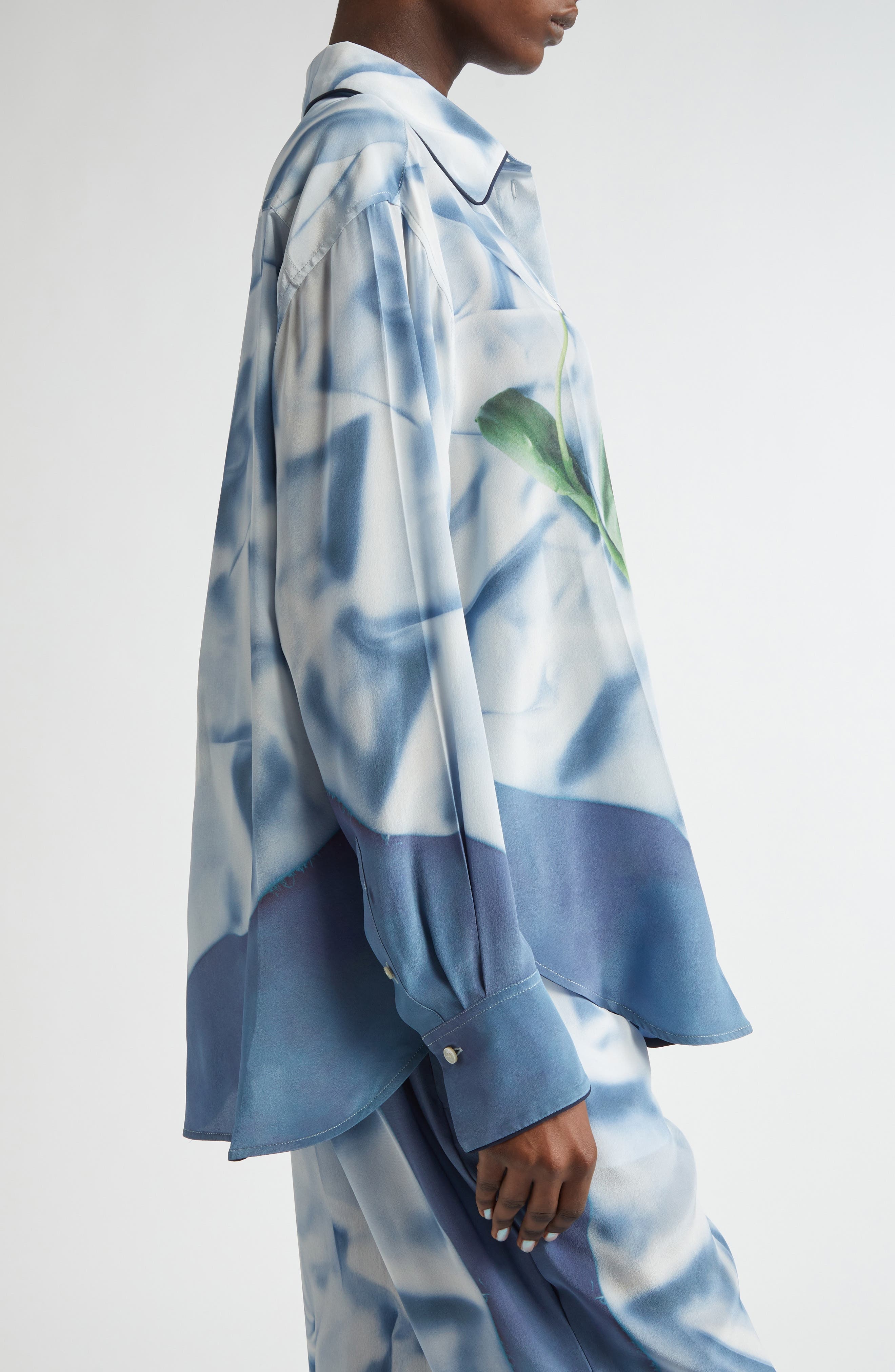 Victoria Beckham Piped Floral Silk Satin Button-Up Pajama Shirt in Satin Flowers Ice Blue at Nordstr - 4