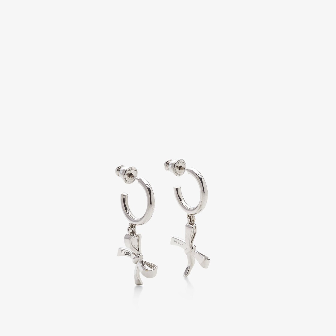 Hoop earrings with bow-shaped pendant. Made of metal with a palladium finish. Decorated with Fendi l - 1