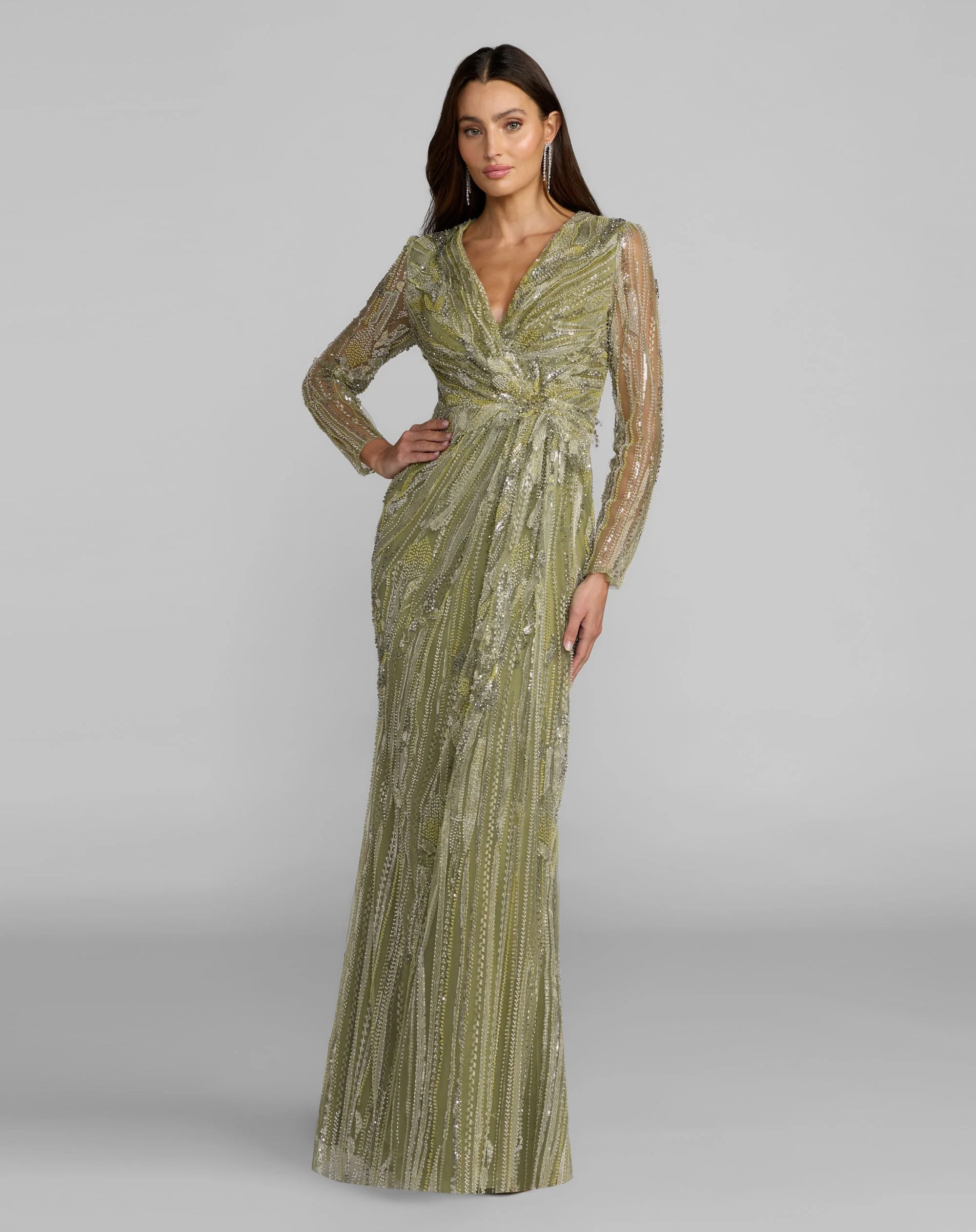 Green Hand Embellished V-Neck Column Gown - 1