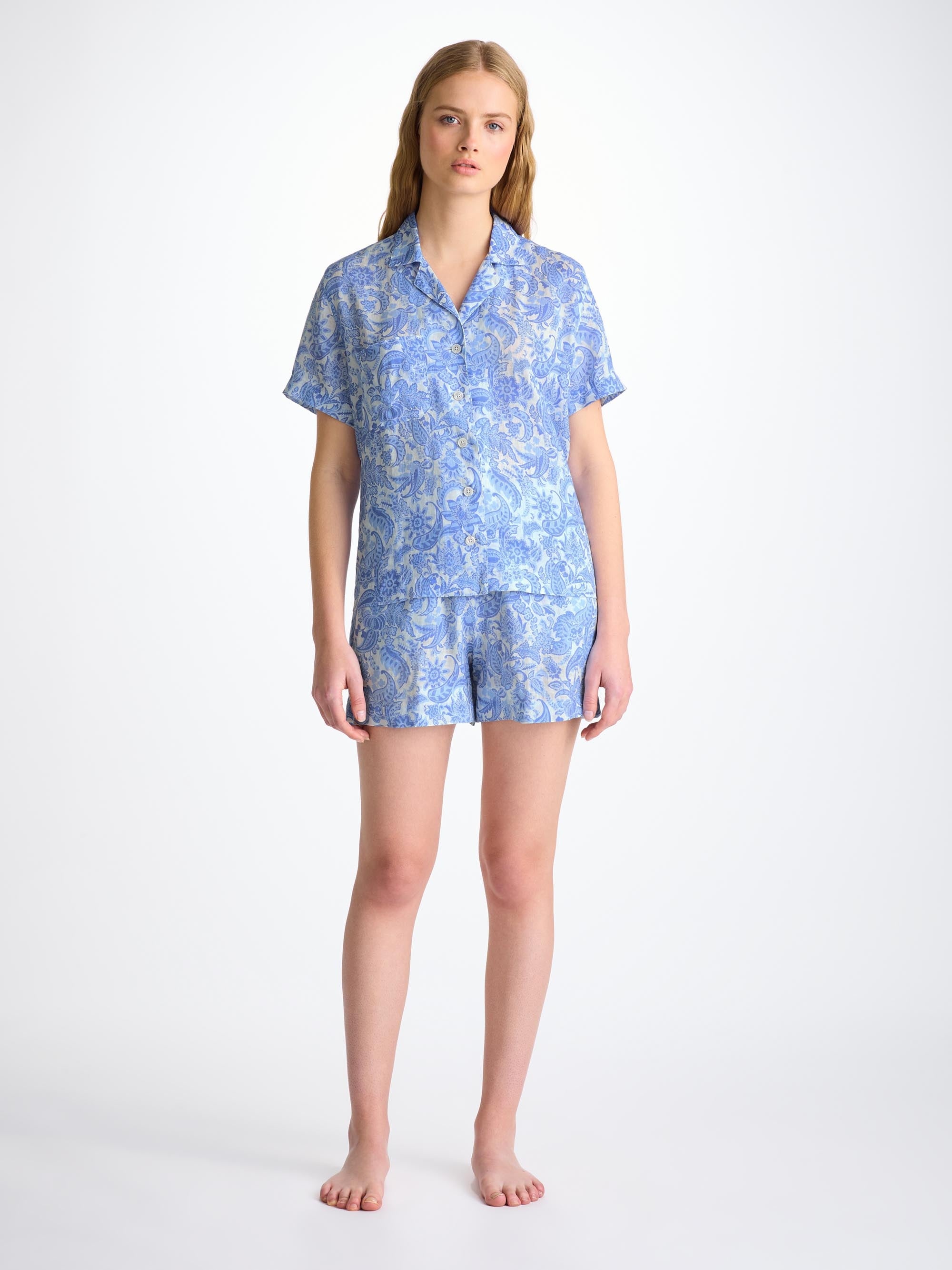 Women's Short Pajamas Linen White Jungle Paisley Print - 2