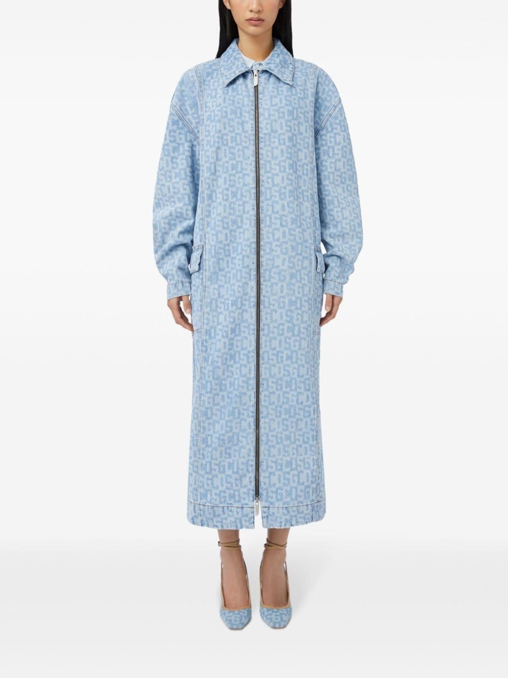 logo-jacquard denim coat - 3