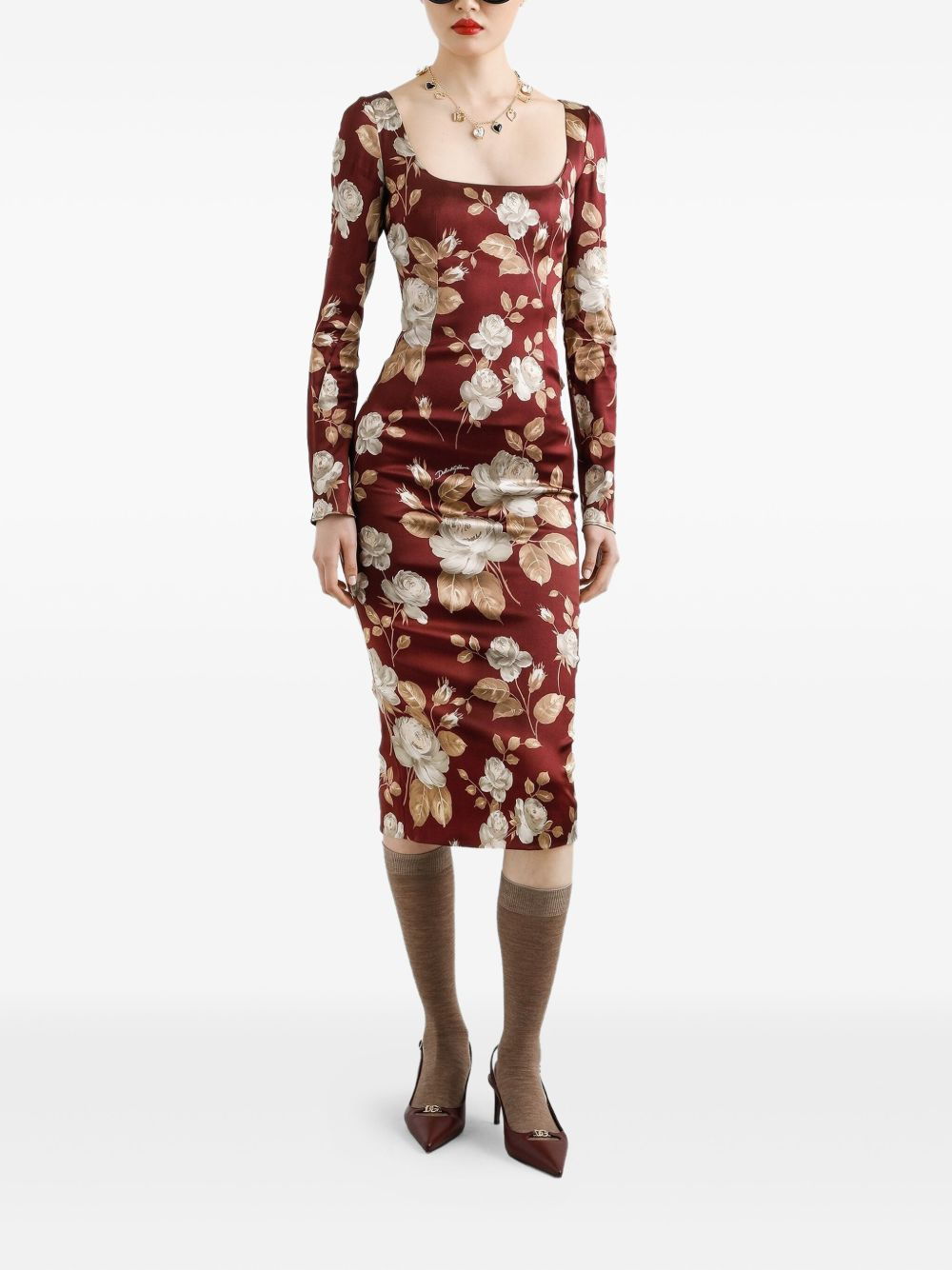 rose-print square-neck midi dress - 2