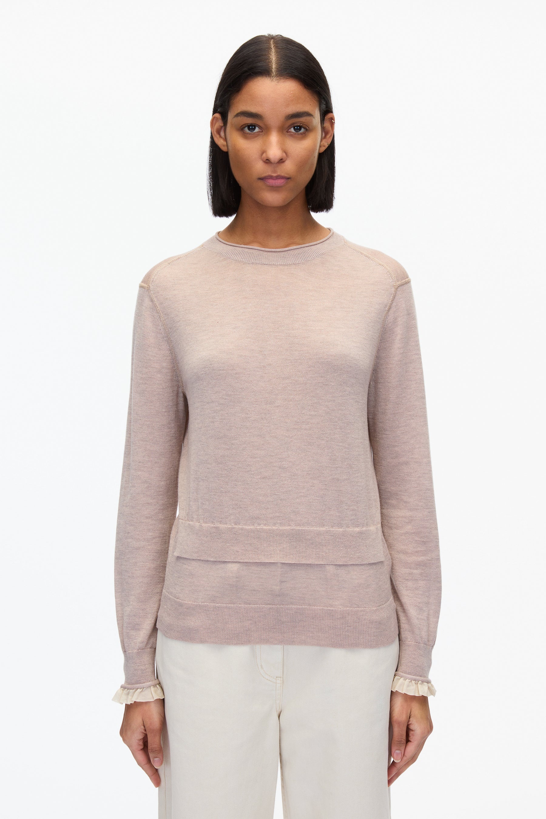 Layered Wool Silk Crew Sweater w Chiffon Cuff - 1