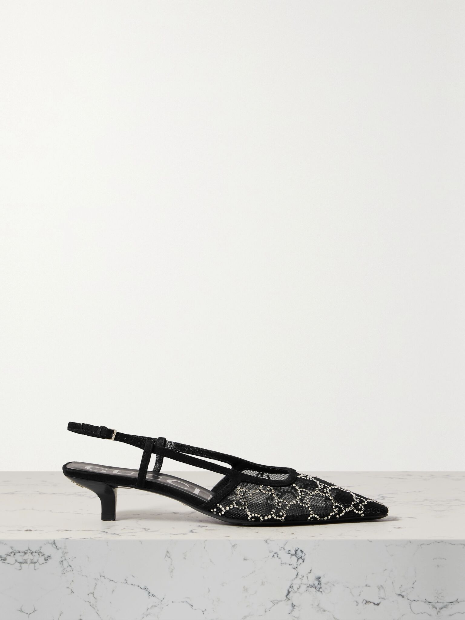 Demi suede-trimmed crystal-embellished mesh slingback pumps Black - 1