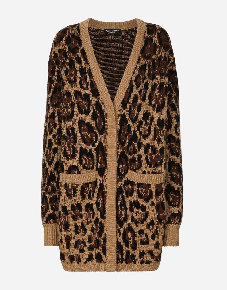 Long wool and cashmere cardigan with jacquard leopard design - 1