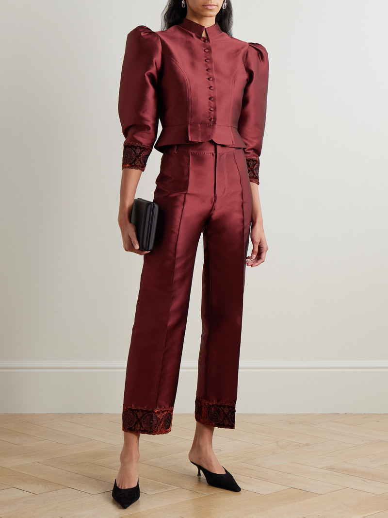 DESTREE Yoshitomo Embellished Velvet-trimmed Faille Streight-leg Pants outlook