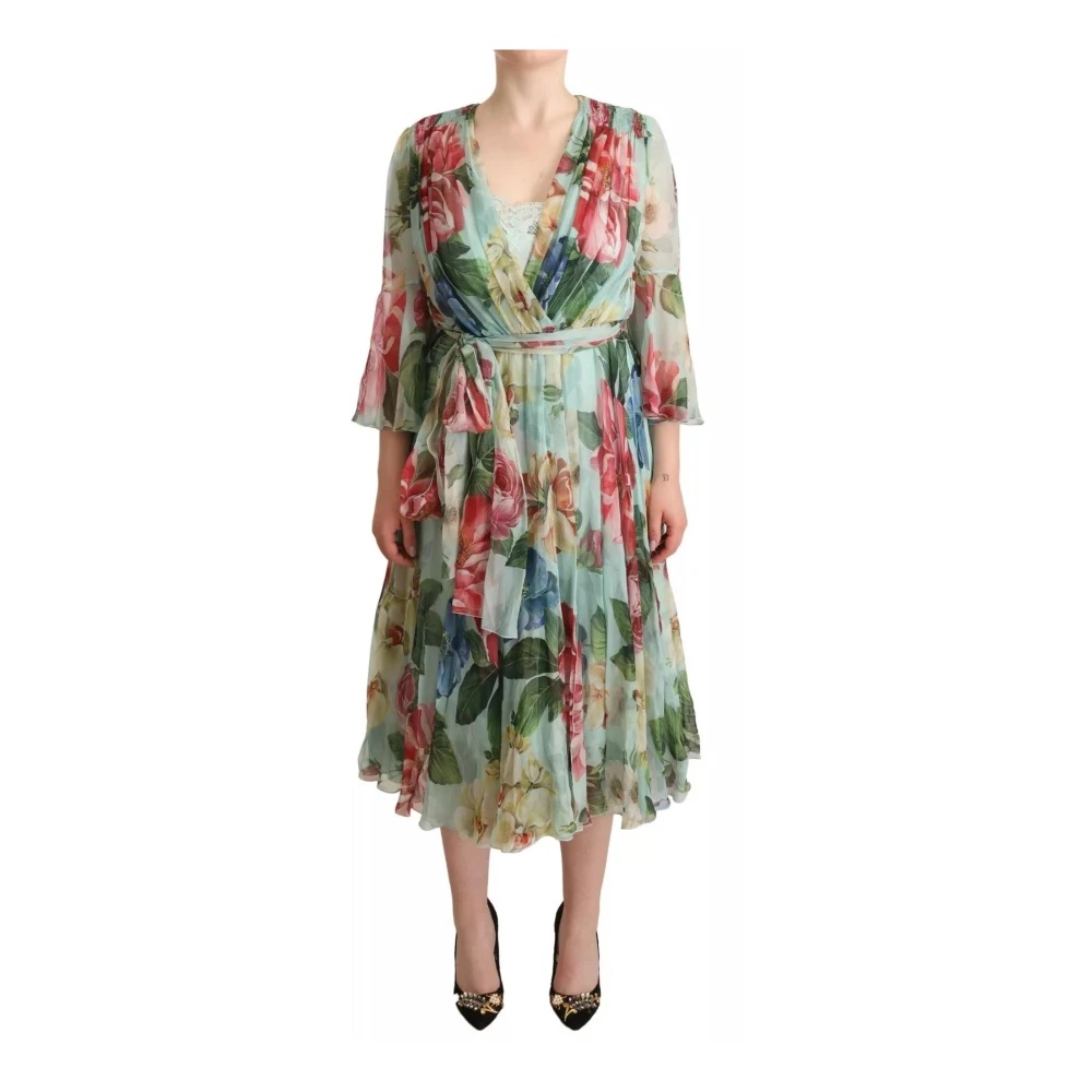 FLORAL PRINT SILK DRESS - BLUE - 1
