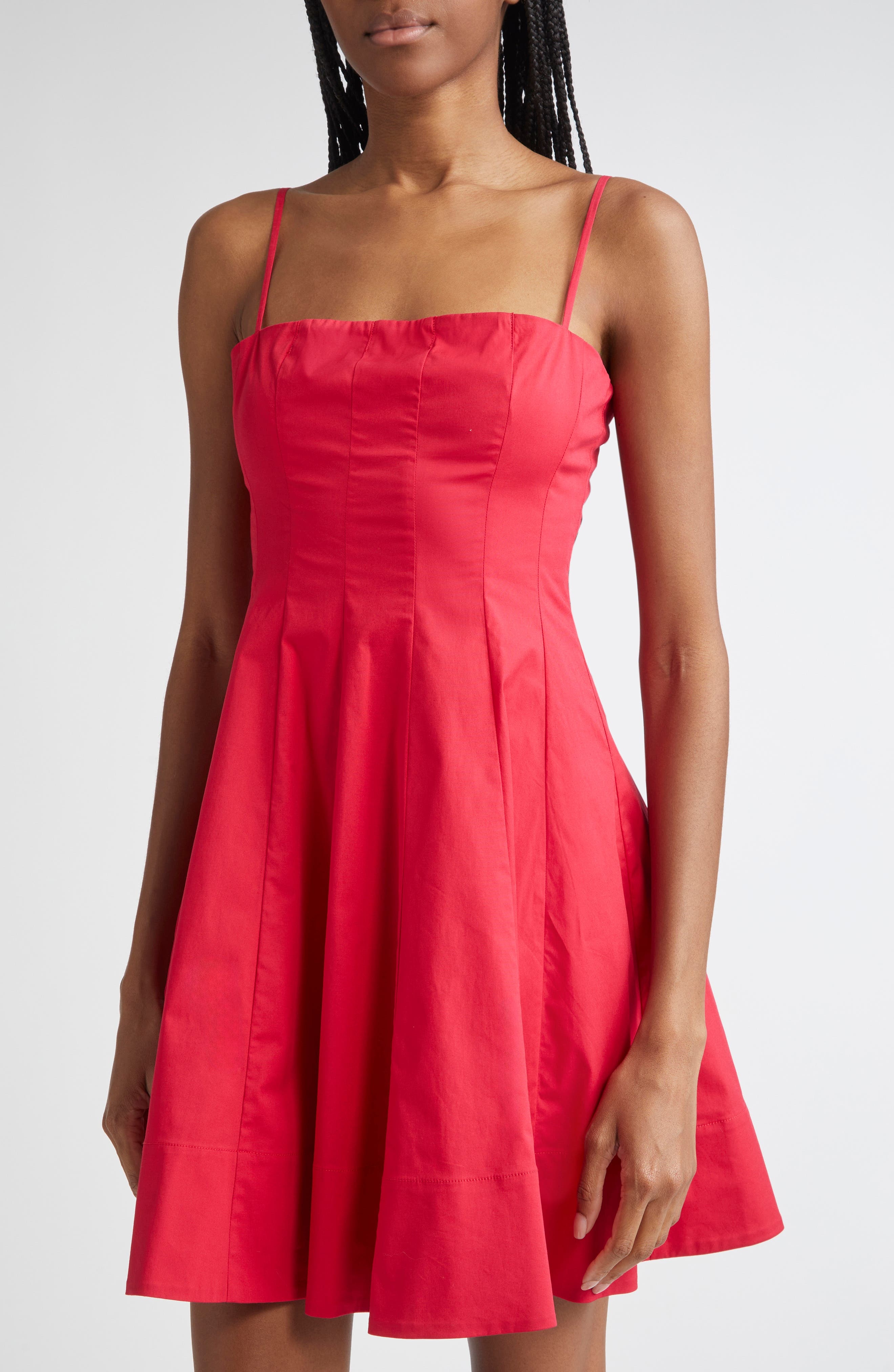 STAUD Wylie Pleated Stretch Cotton Mini Sundress in Cherry at Nordstrom - 4