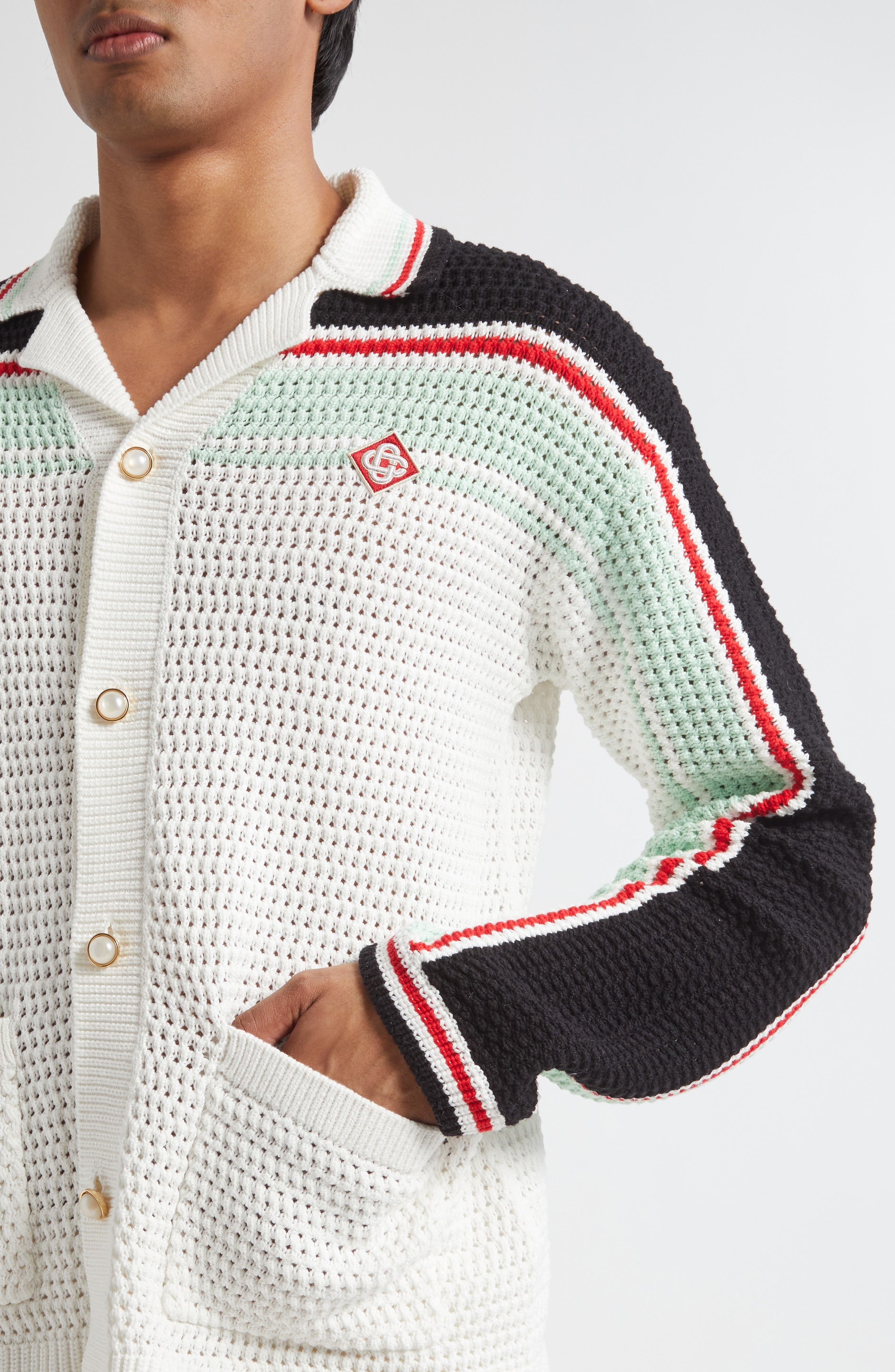 Casablanca Camp Collar Long Sleeve Cotton Crochet Cardigan in White/Black Multi at Nordstrom - 4
