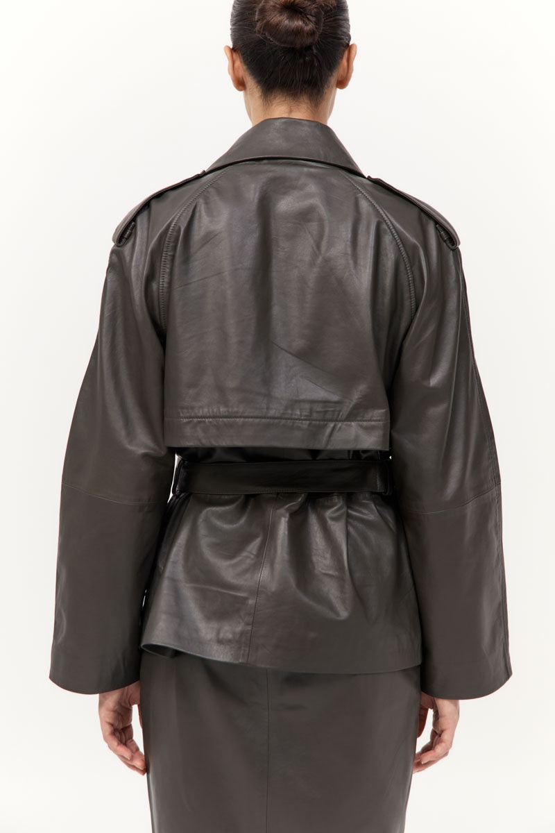 Cropped Leather Trench - Khaki - 7