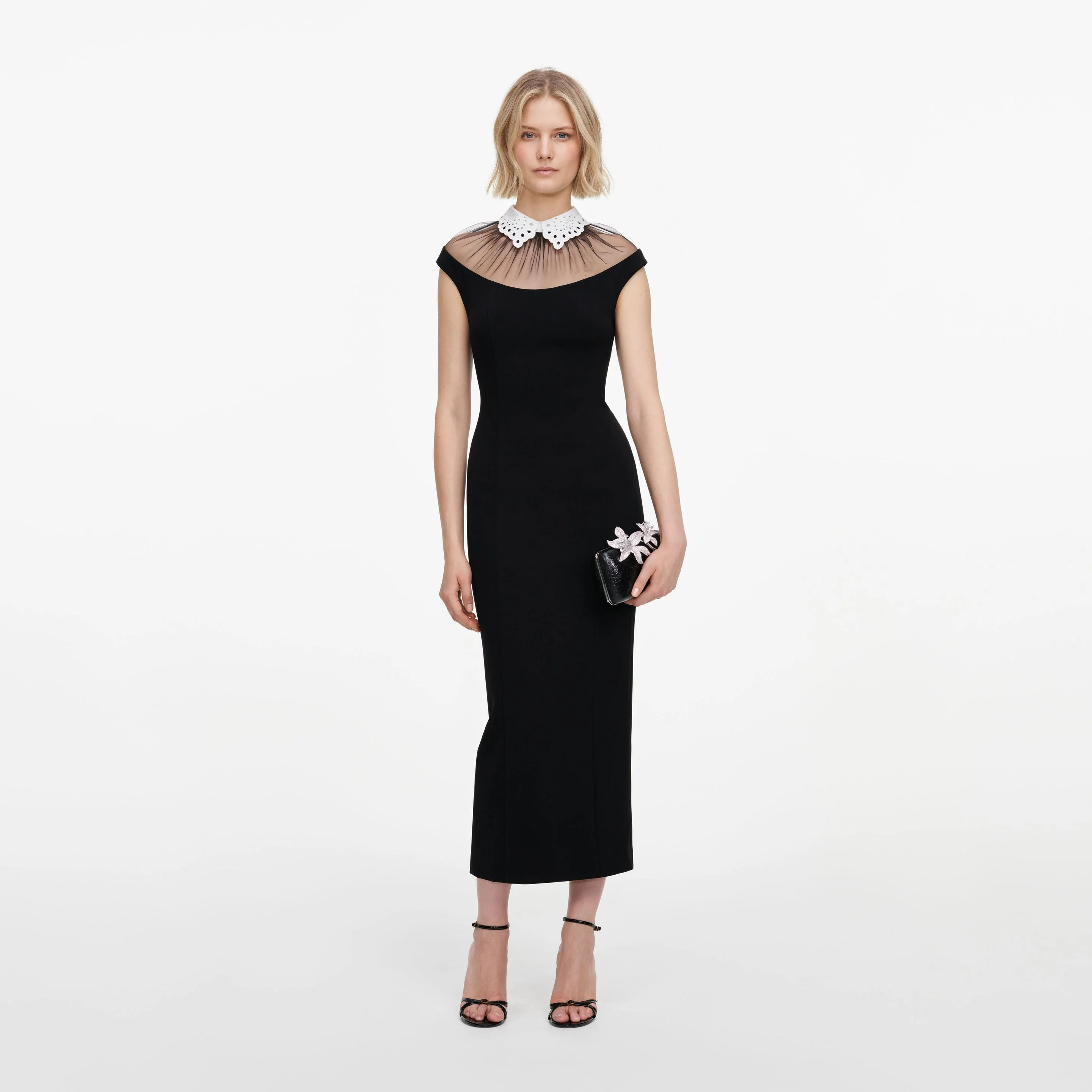 Black Crepe Contrast Collar Midi Dress - 1
