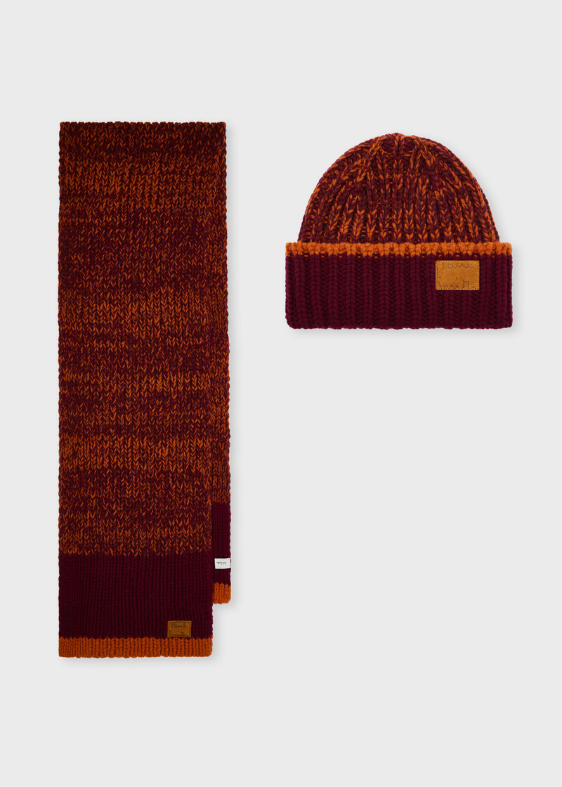 Lambswool Twisted Yarn Red and Orange Beanie and Scarf Set 1