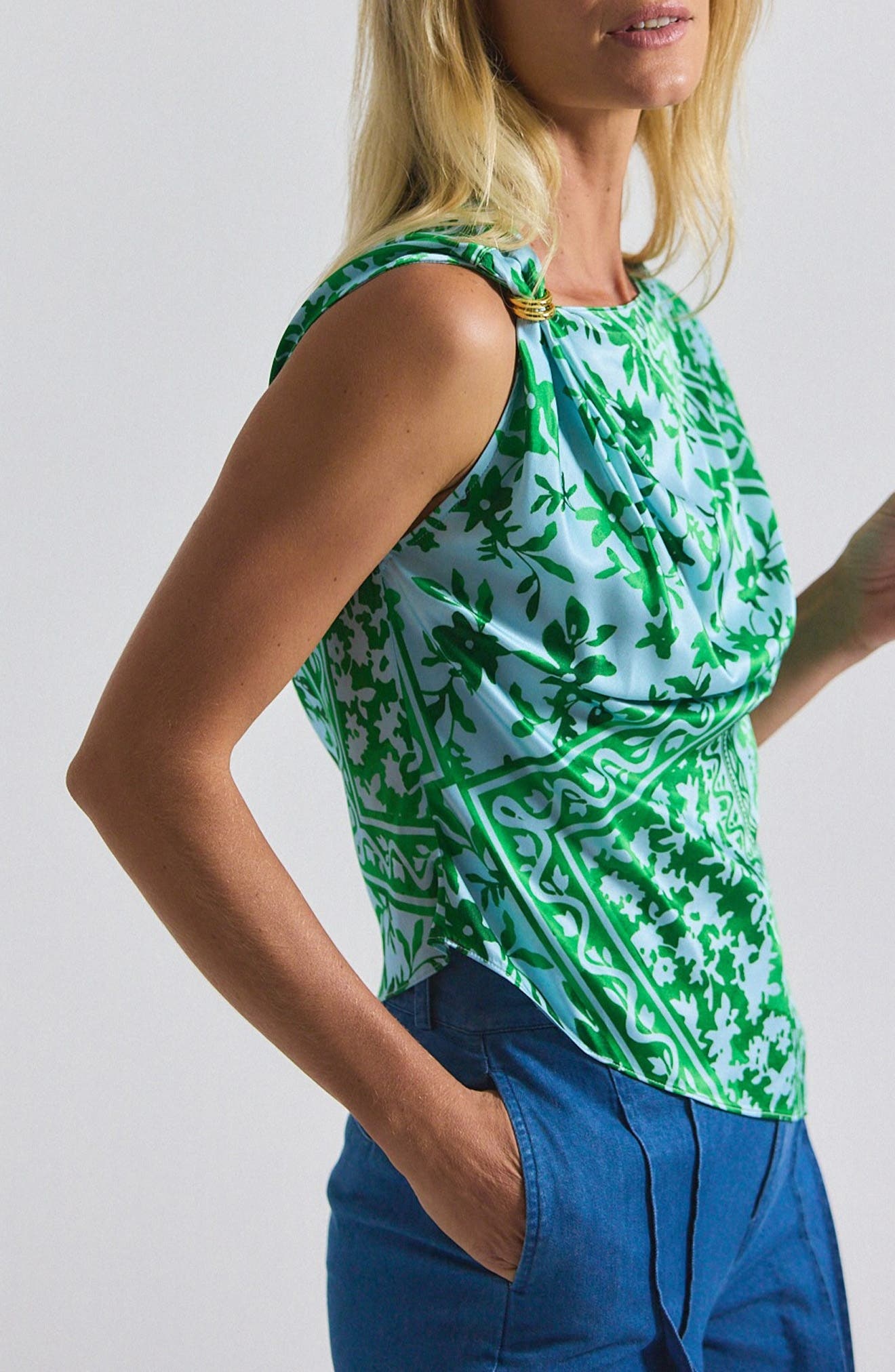 Derek Lam 10 Crosby Ariel Tile Print Asymmetric Sleeveless Top in Kelly Green Multi at Nordstrom - 3