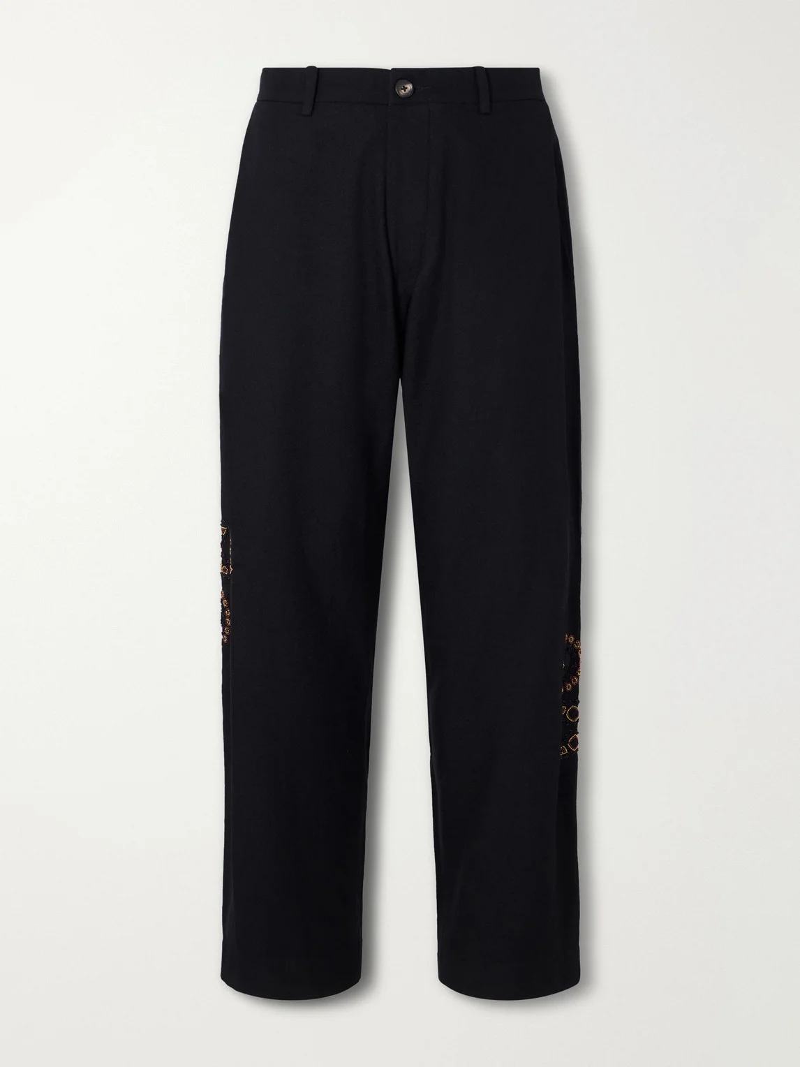 Straight-Leg Pleated Bead-Embroidered Wool Trousers - 1