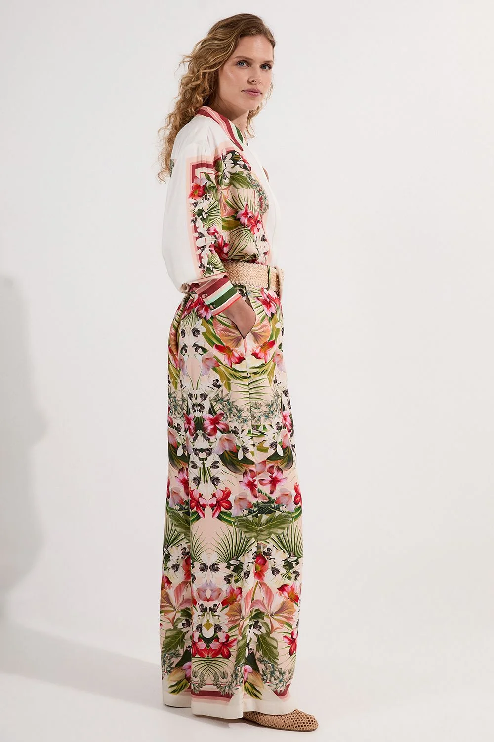 Mirrored Viscose Linen Floral Print With Raffia Belt Woven Trouser - 1