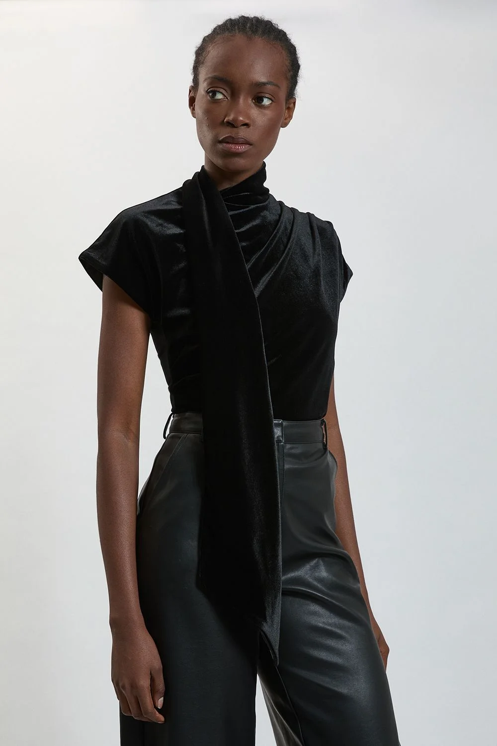 Velvet Cowl Neck Tie Detail Jersey Top - 1