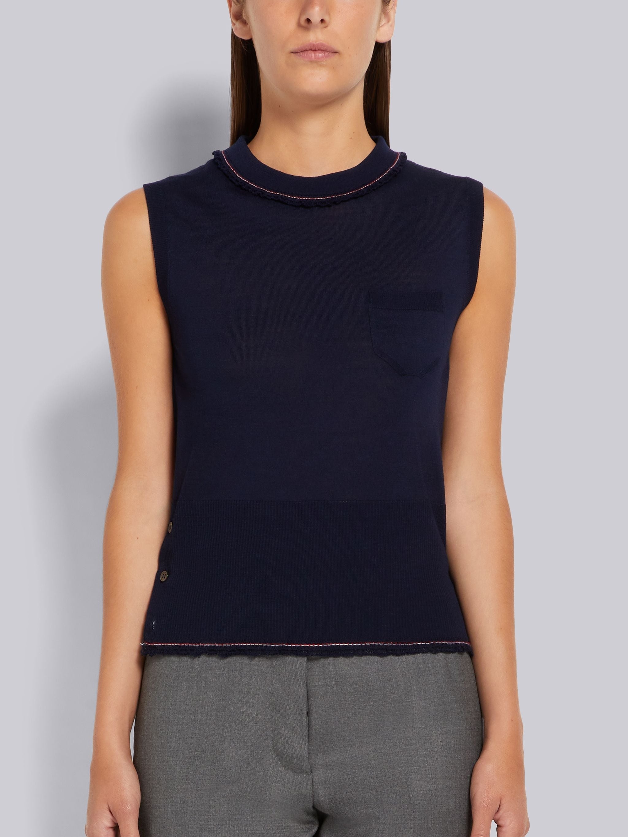 Navy Lightweight Wool Crepe Stripe Ruffle Trim Chest Pocket Shell Top - 1