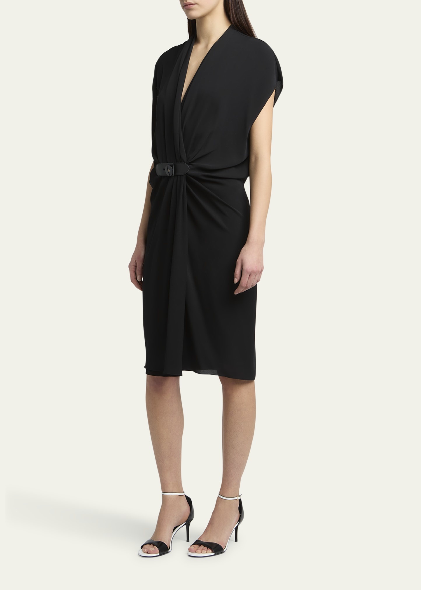 Gathered Leather Buckle Silk Dress - 4