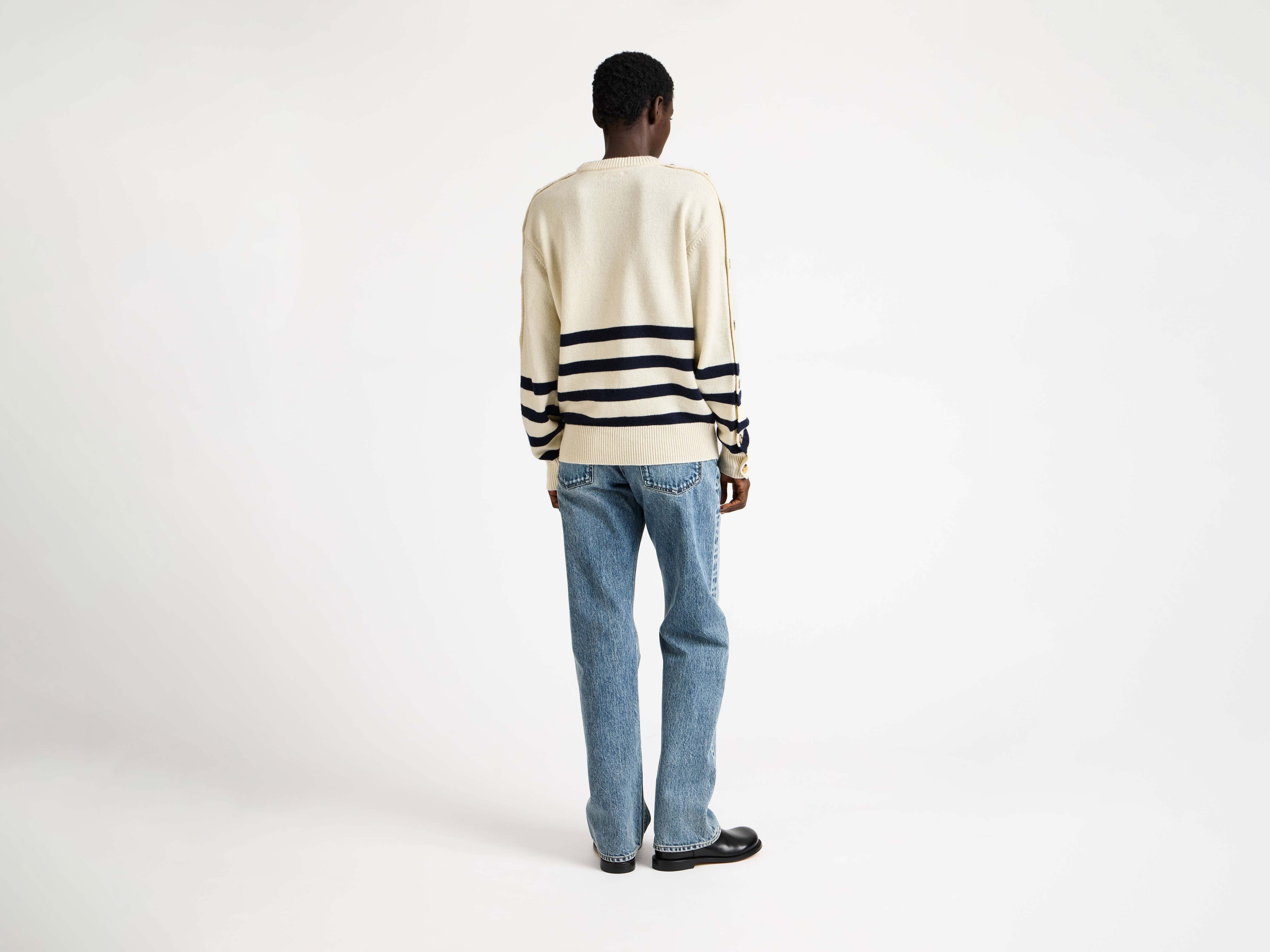 BUTTONED SLEEVE BRETON JUMPER IN IVORY - 3