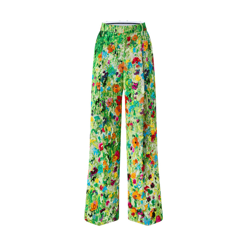 Embroidered Flower Field Pleated Pants 1