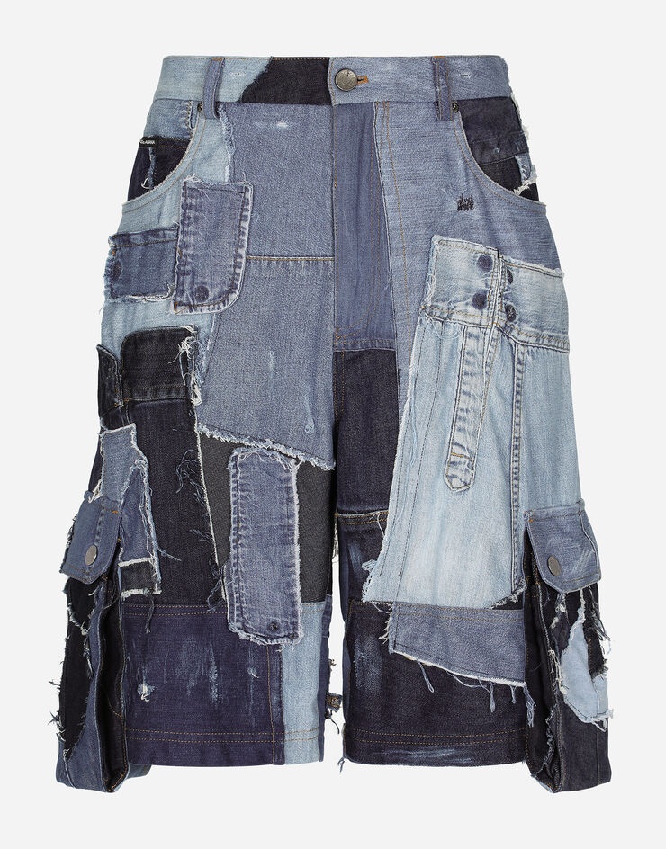 Stretch patchwork denim cargo shorts - 1