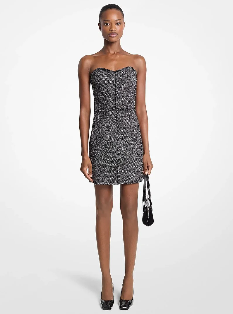Frayed Crosshatch Tweed Sweetheart Mini Dress - 1