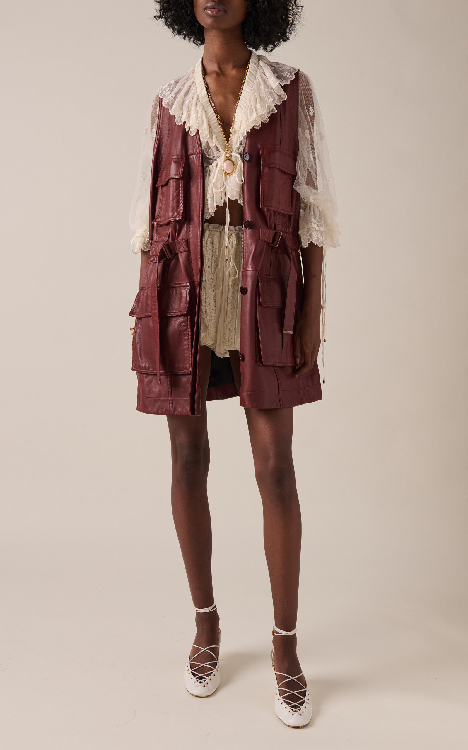 Oversized Plonge Leather Utility Vest burgundy - 2