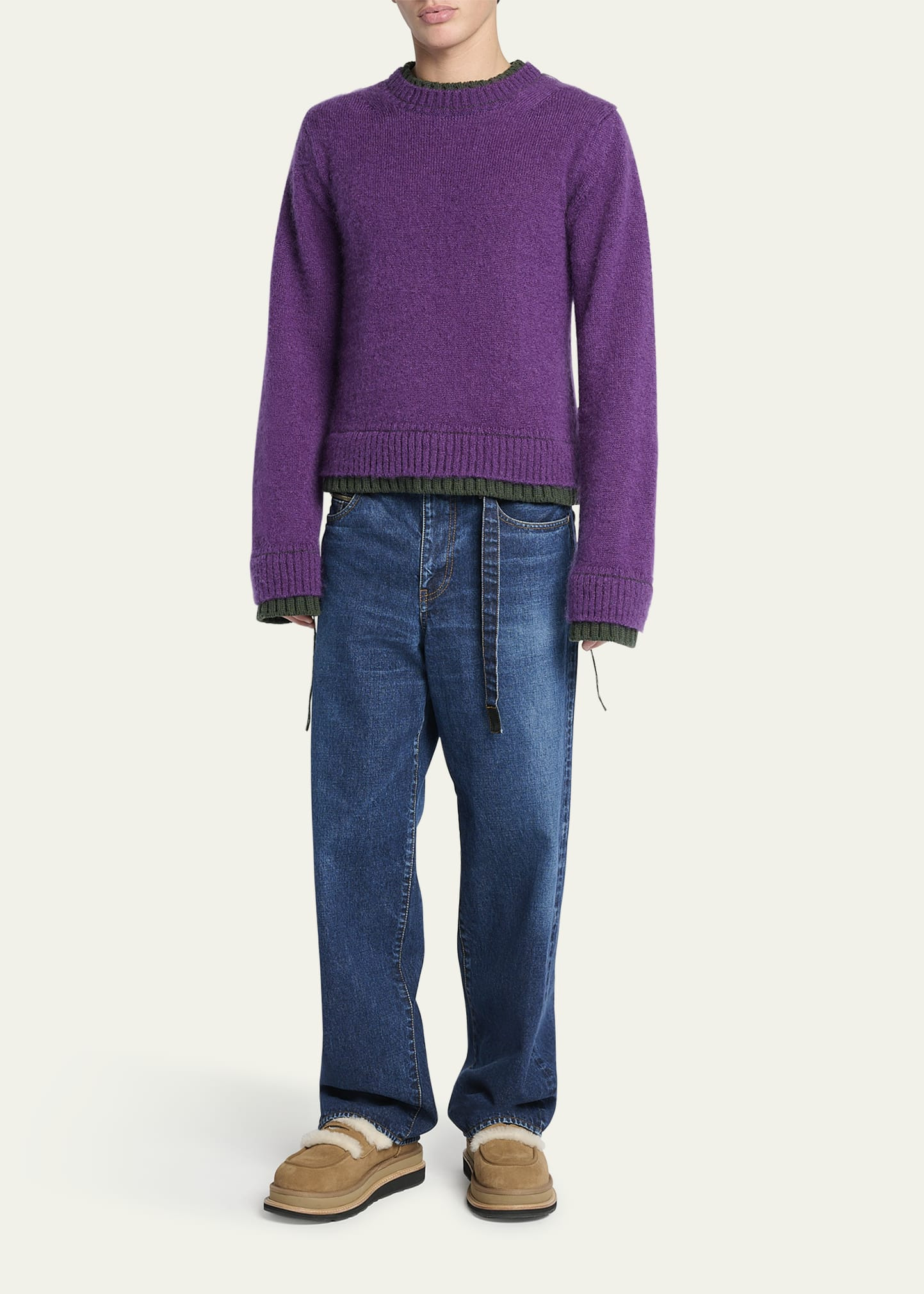 Men's Mohair Knit Layered Crewneck Sweater - 2