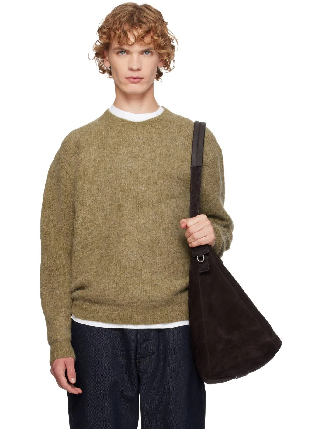 Khaki Textured Alpaca Crewneck Sweater - 1