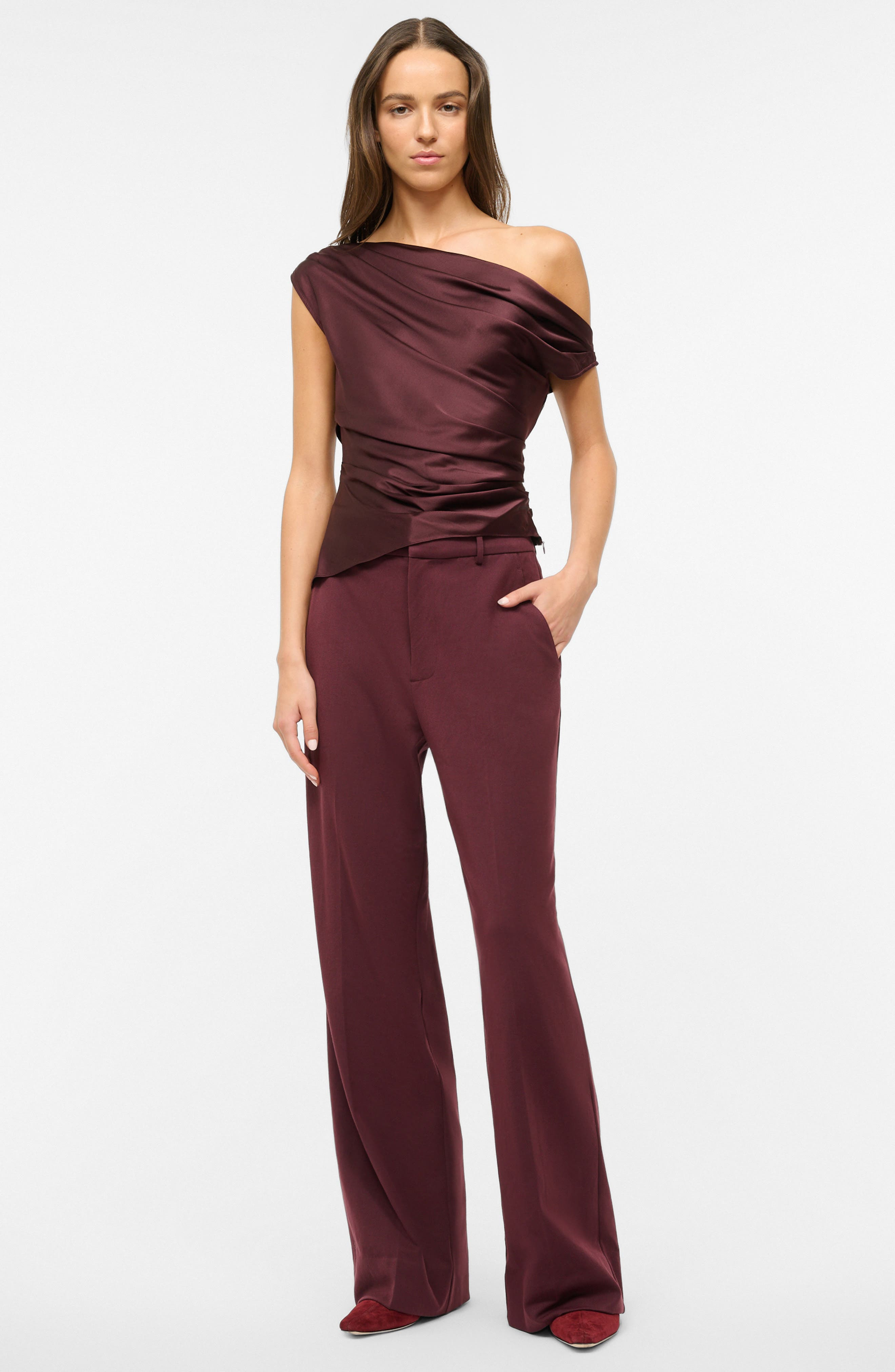 STAUD Phare One-Shoulder Stretch Silk Top in Merlot at Nordstrom - 3