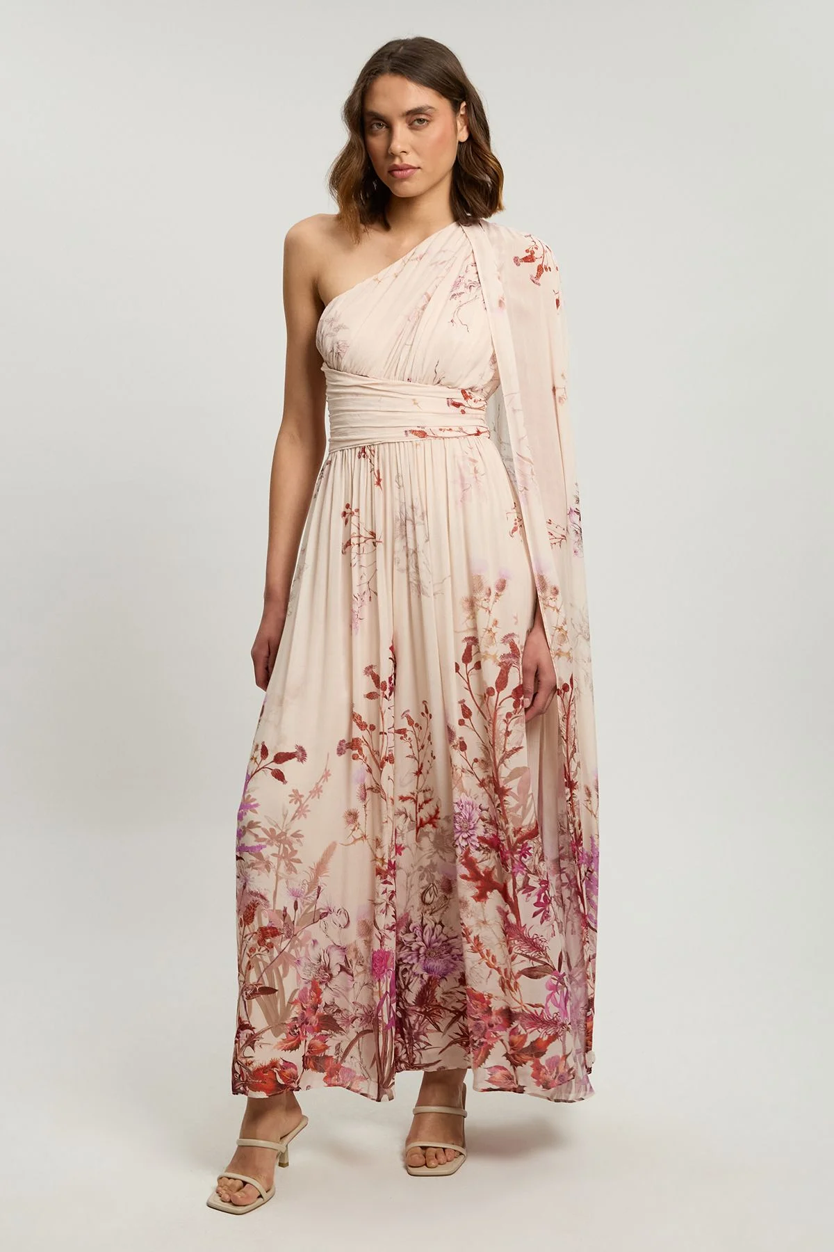 Crinkle Georgette Floral Print One Shoulder Woven Maxi Dress - 1