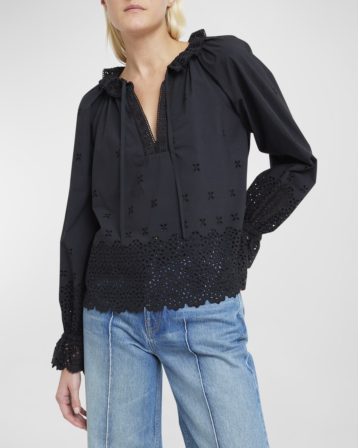 Alora Broderie Anglaise Split-Neck Cotton Blouse - 7