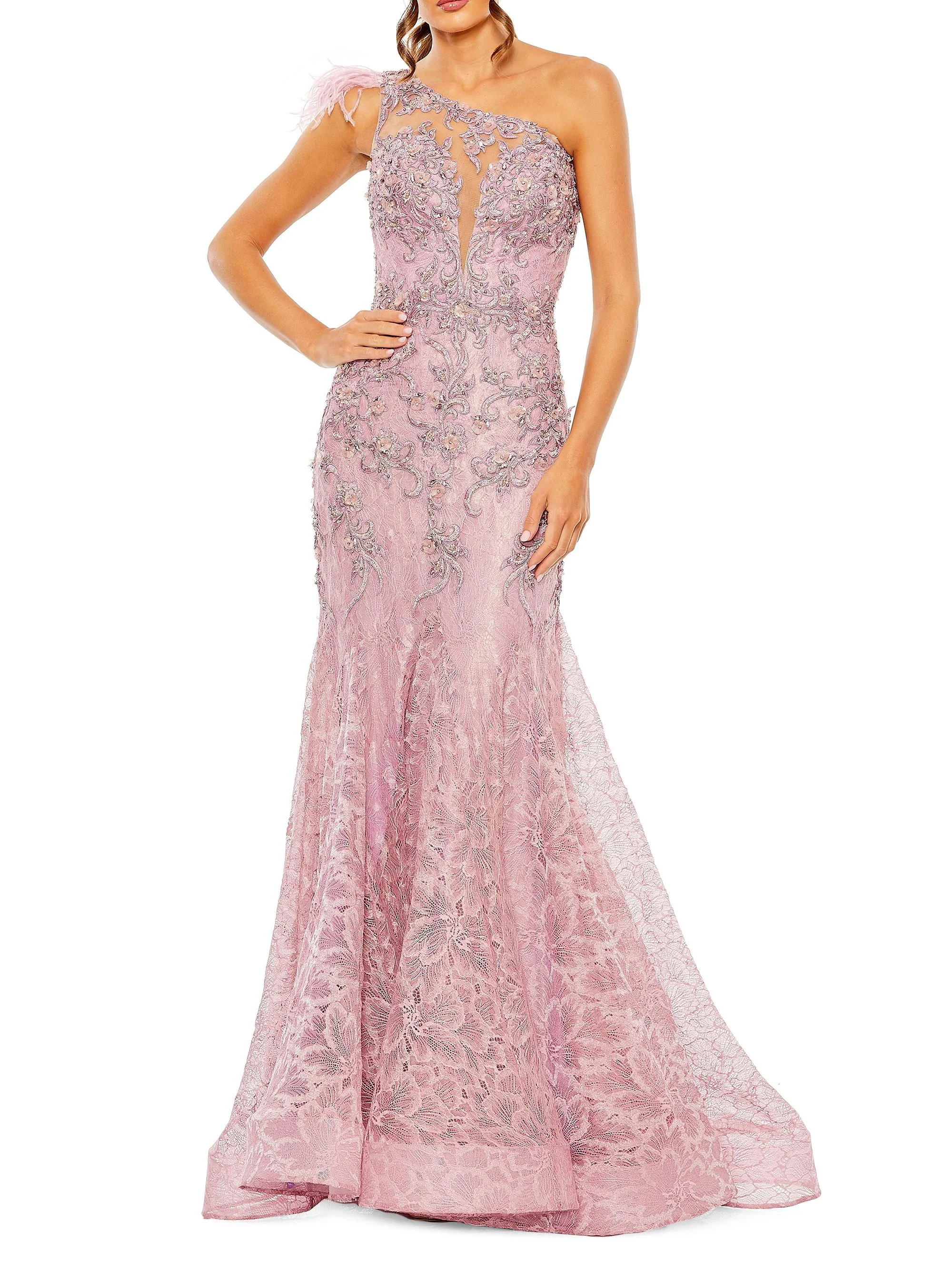 Women's Embellished Lace Mermaid Gown - Rose - 1
