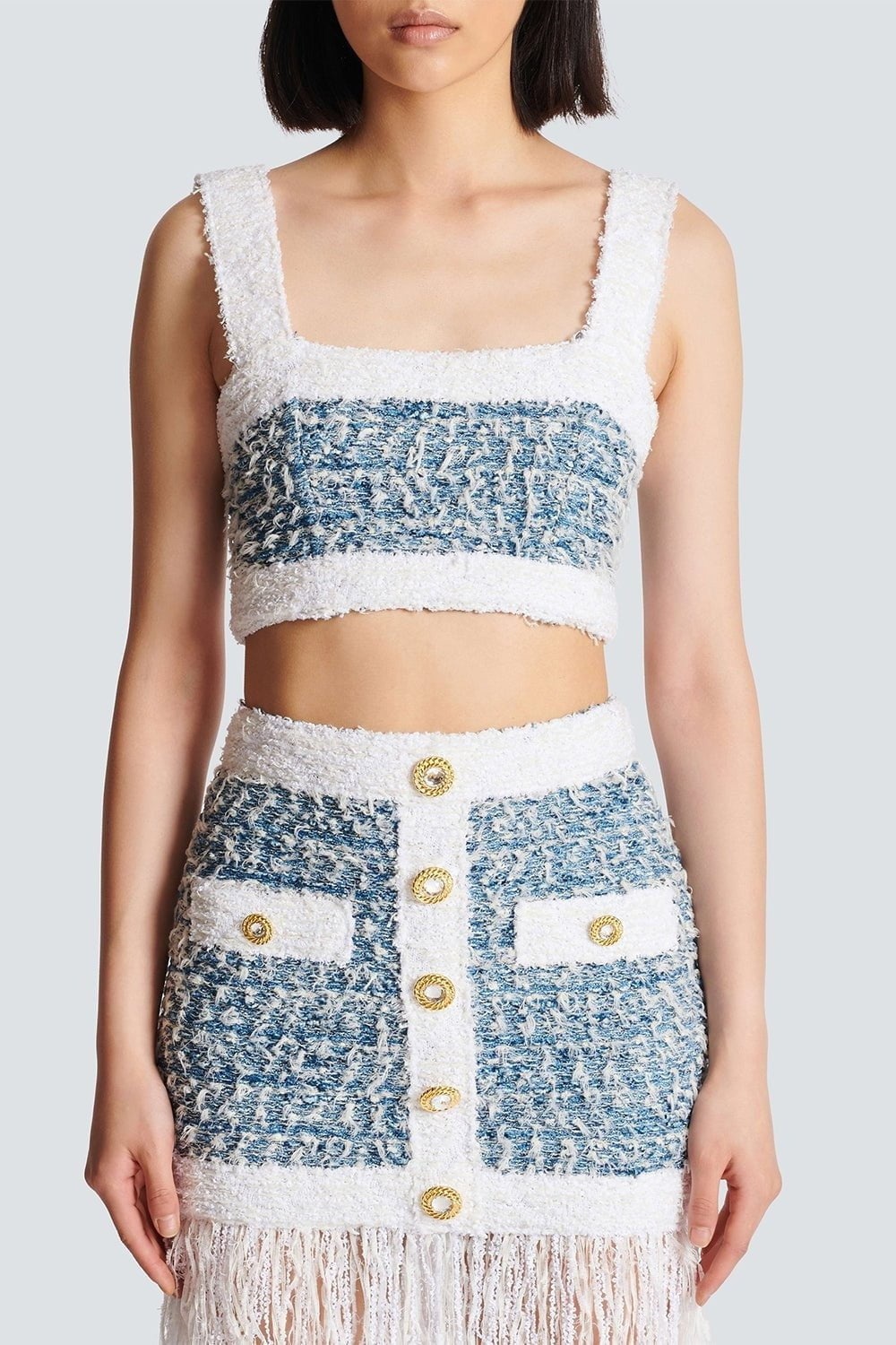 スカート BALMAIN Fringed tweed skirt Light Blue CF1LB293KF88 Balmain Fringed Denim Tweed Skirt Midi Skirt Size Viscose