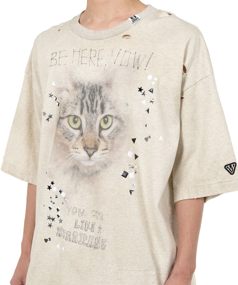 Cat Printed Embellished Distressed T-shirt 19
