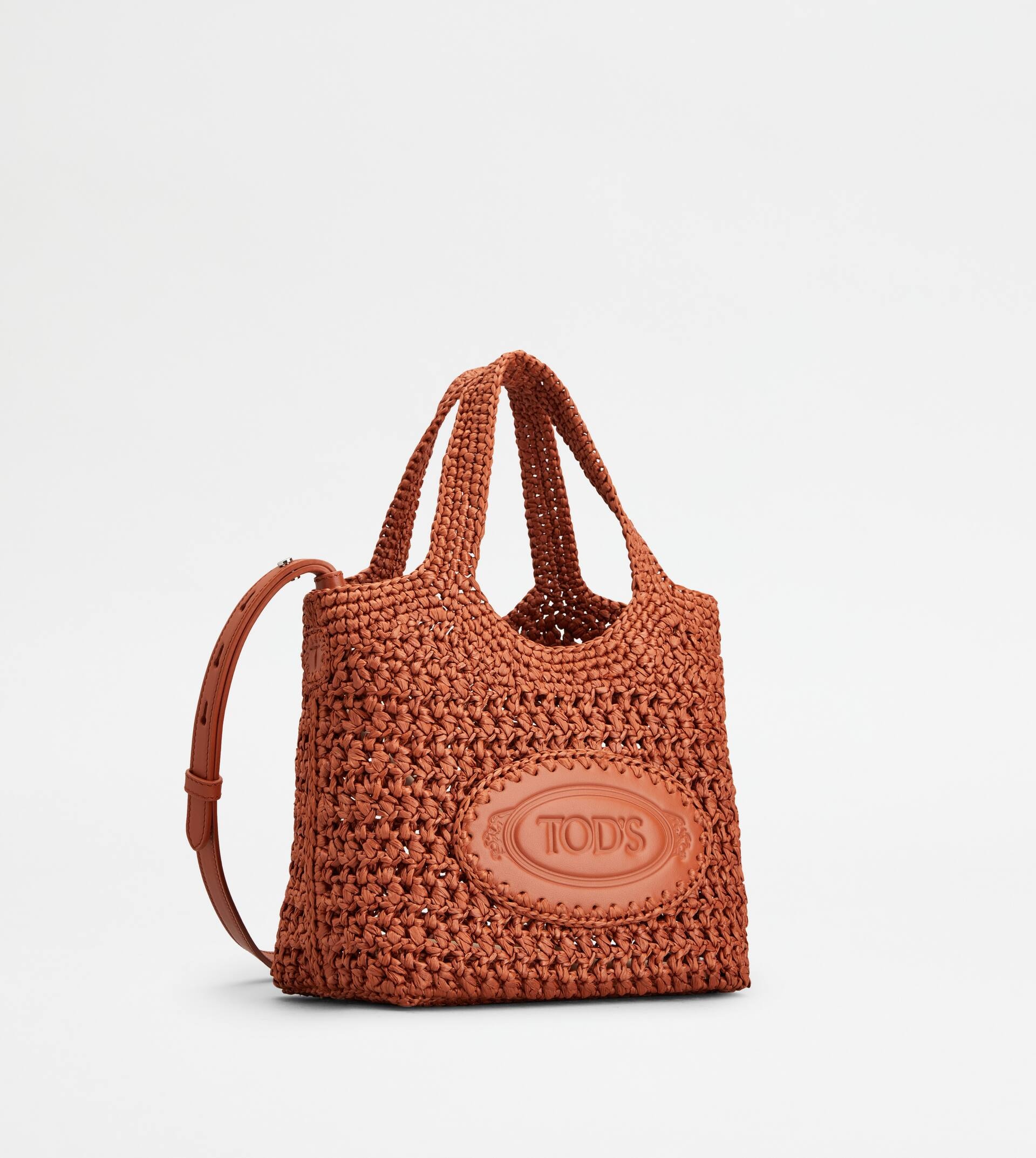 SHOPPING BAG IN RAFFIA AND LEATHER MINI - ORANGE - 3