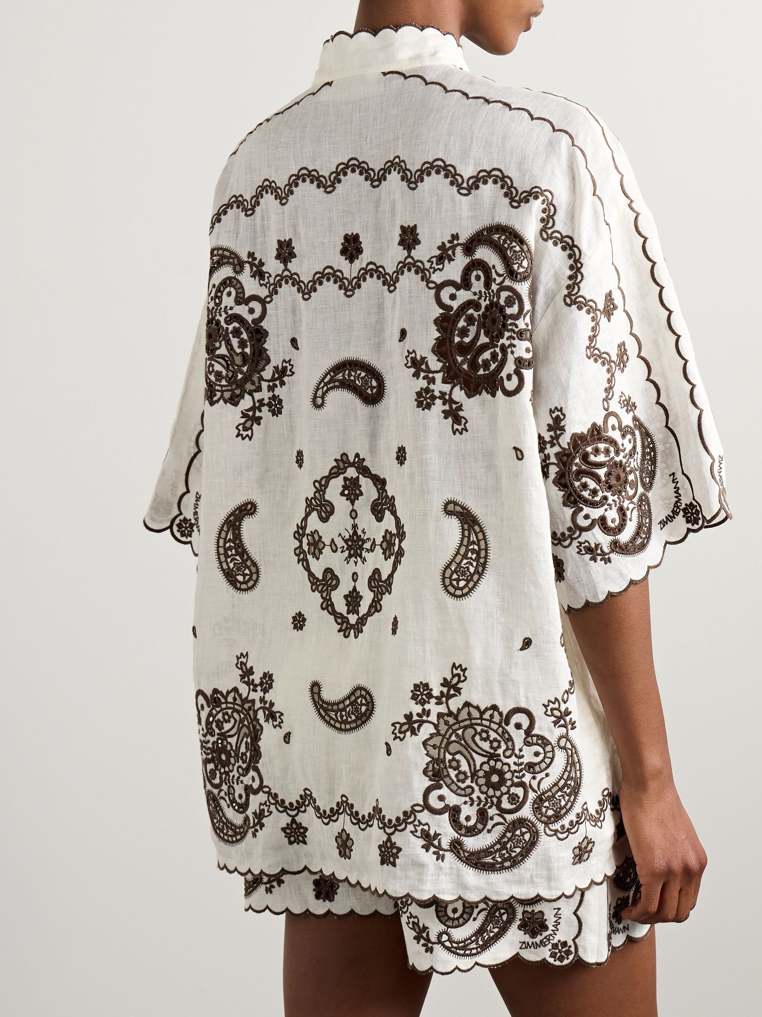 Ascension leather-trimmed broderie anglaise linen shirt Cream - 4