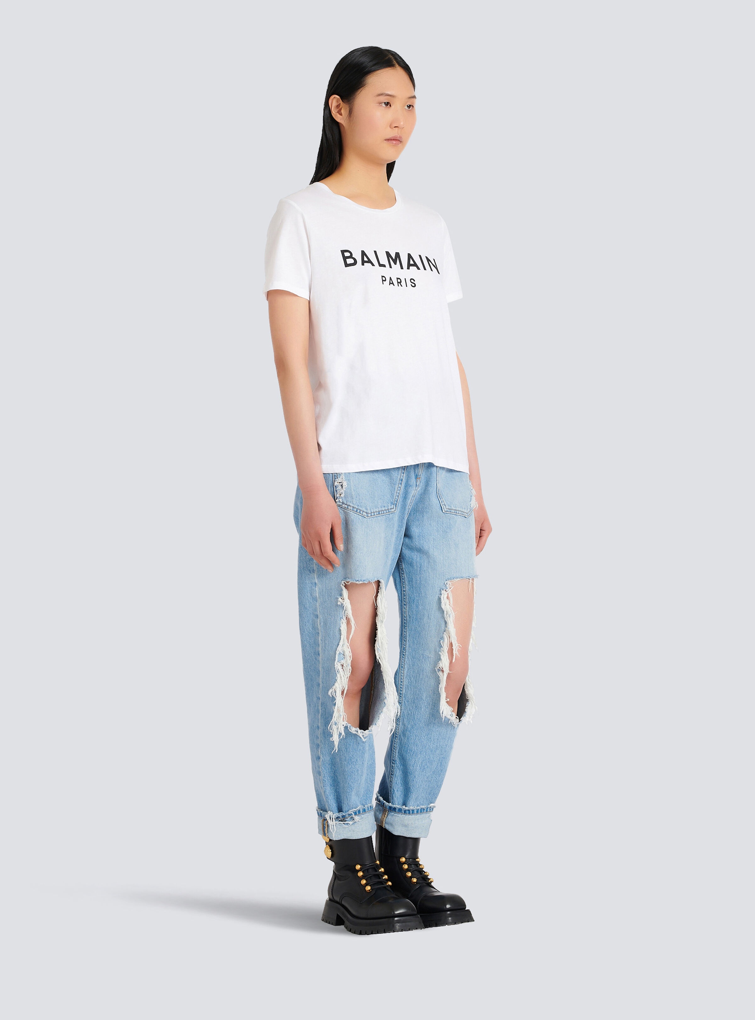 Eco-designed cotton T-shirt with flocked Balmain logo - 5